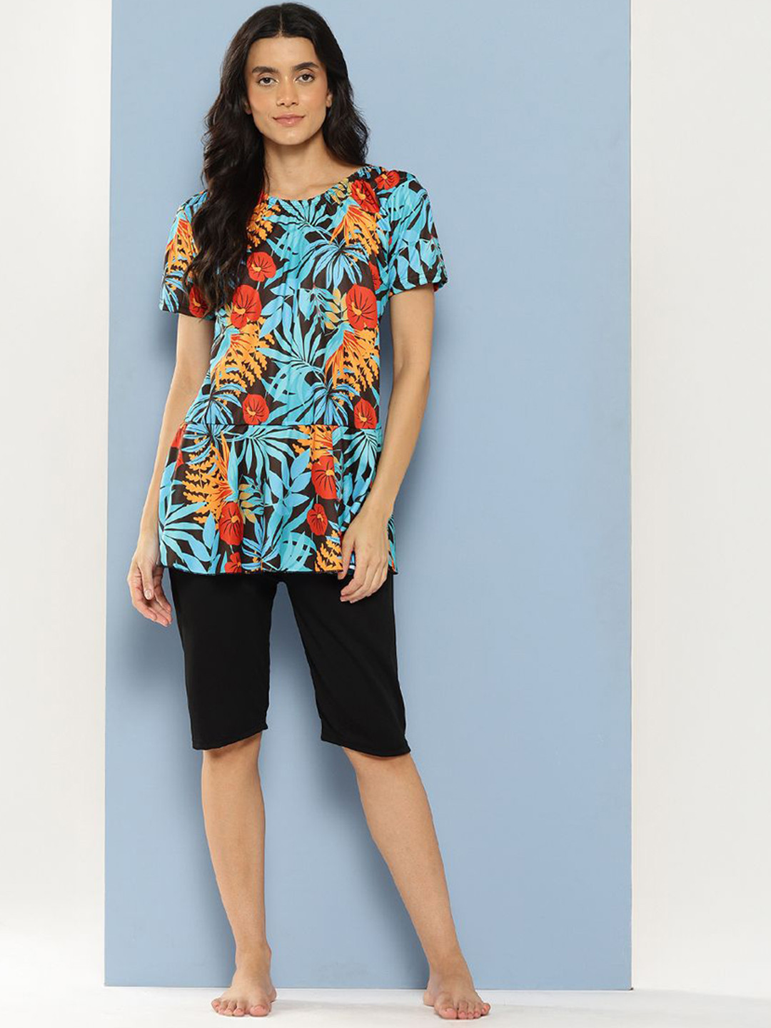 BAESD Plus Size Floral Printed Swimwear & Attached Tights With Cap