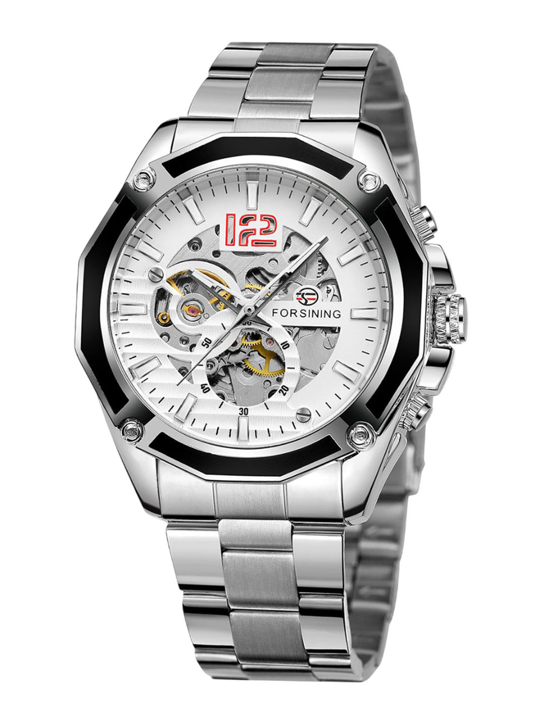 FORSINING 3D Blue Hardlex Glass Men Transparent Sport Mechanical Automatic Wrist Watch