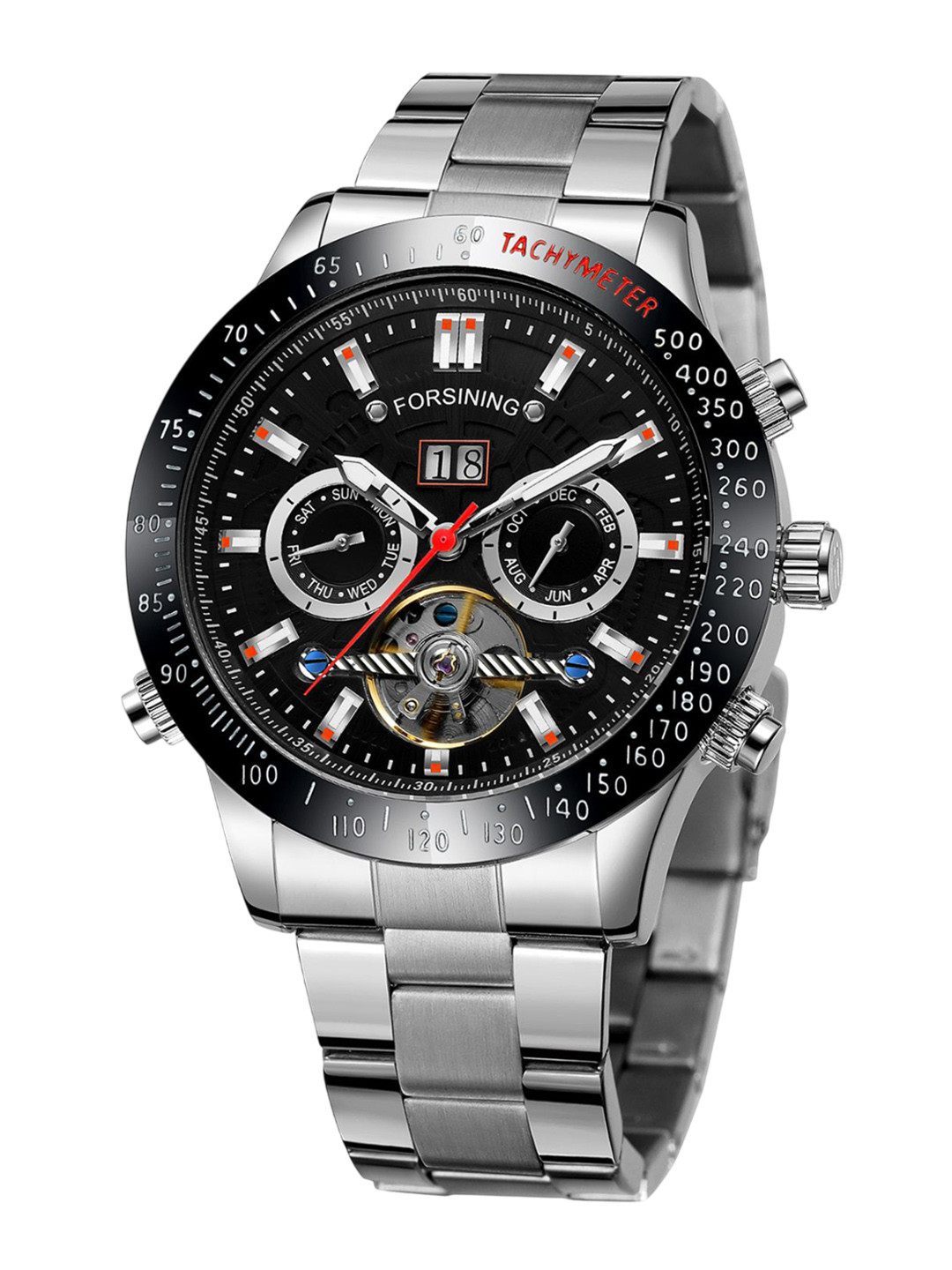FORSINING Men Automatic Waterproof Watch Round Dial with Stainless Steel Strap