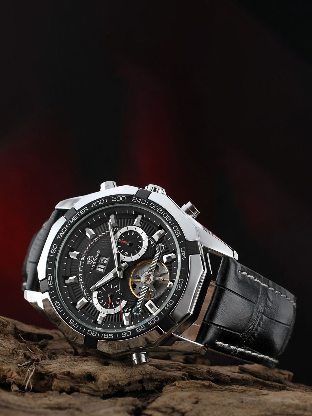 FORSINING Men Automatic Waterproof Watch with Moon Phase & Leather Strap