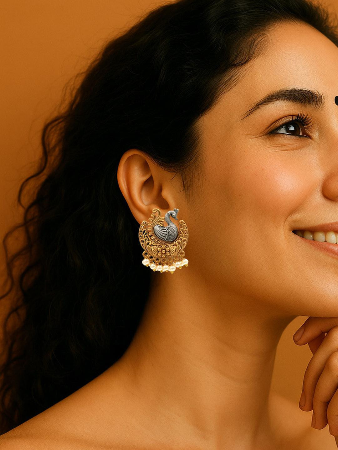 Gurjari Jewellers Oxidized Peacock Design Stud Earrings