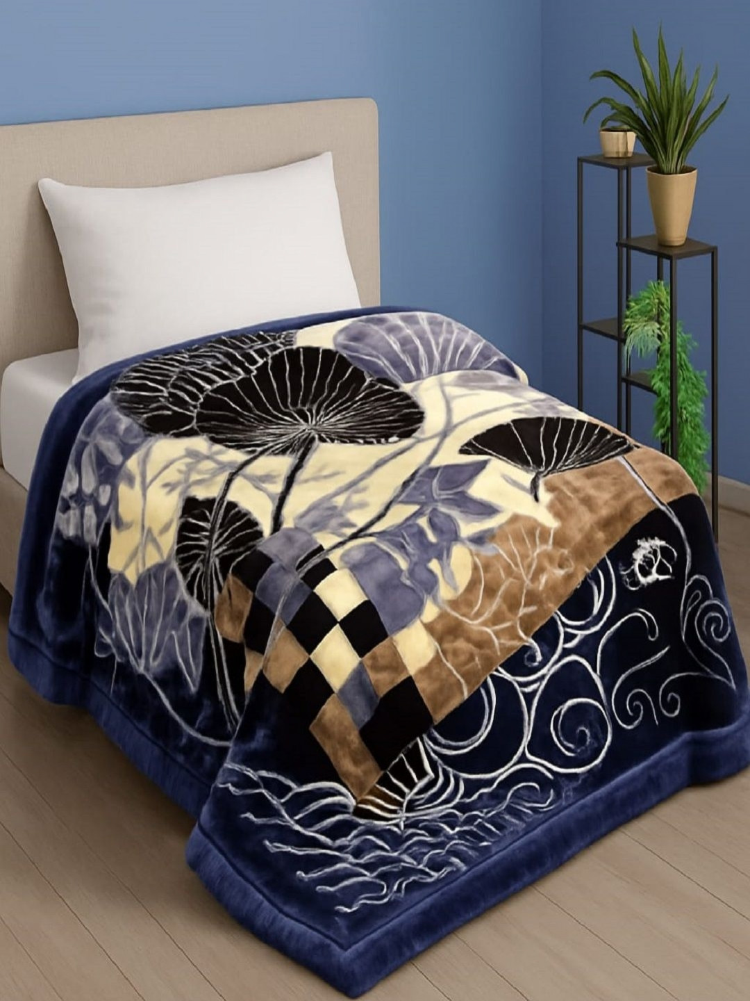 tundwal's Blue & Beige Floral Mink Heavy Winter Double Bed Blanket