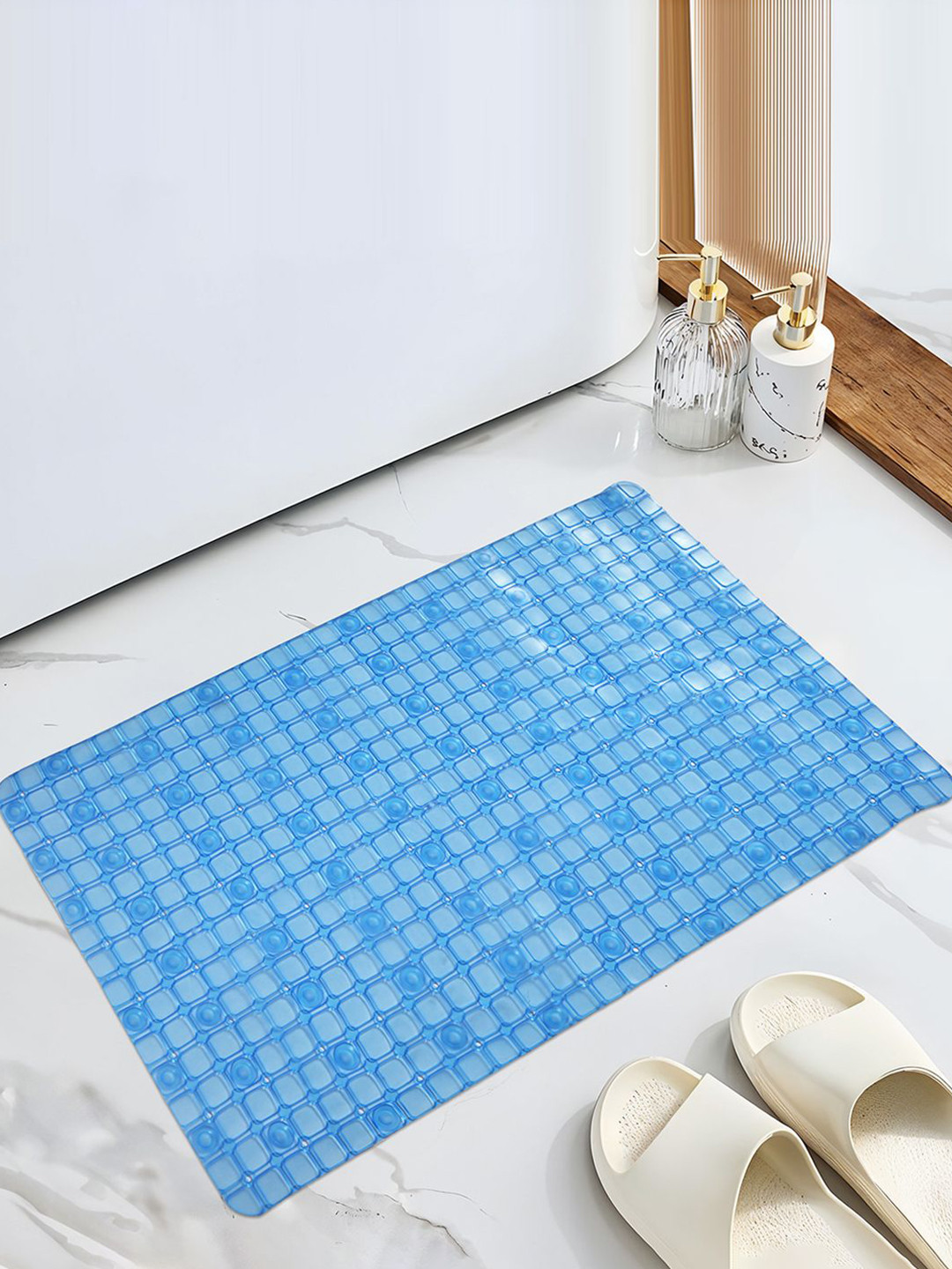 Kuber Industries Blue Anti Skid Bathroom Mat With Suction Cups & Drain Holes Bath Rug