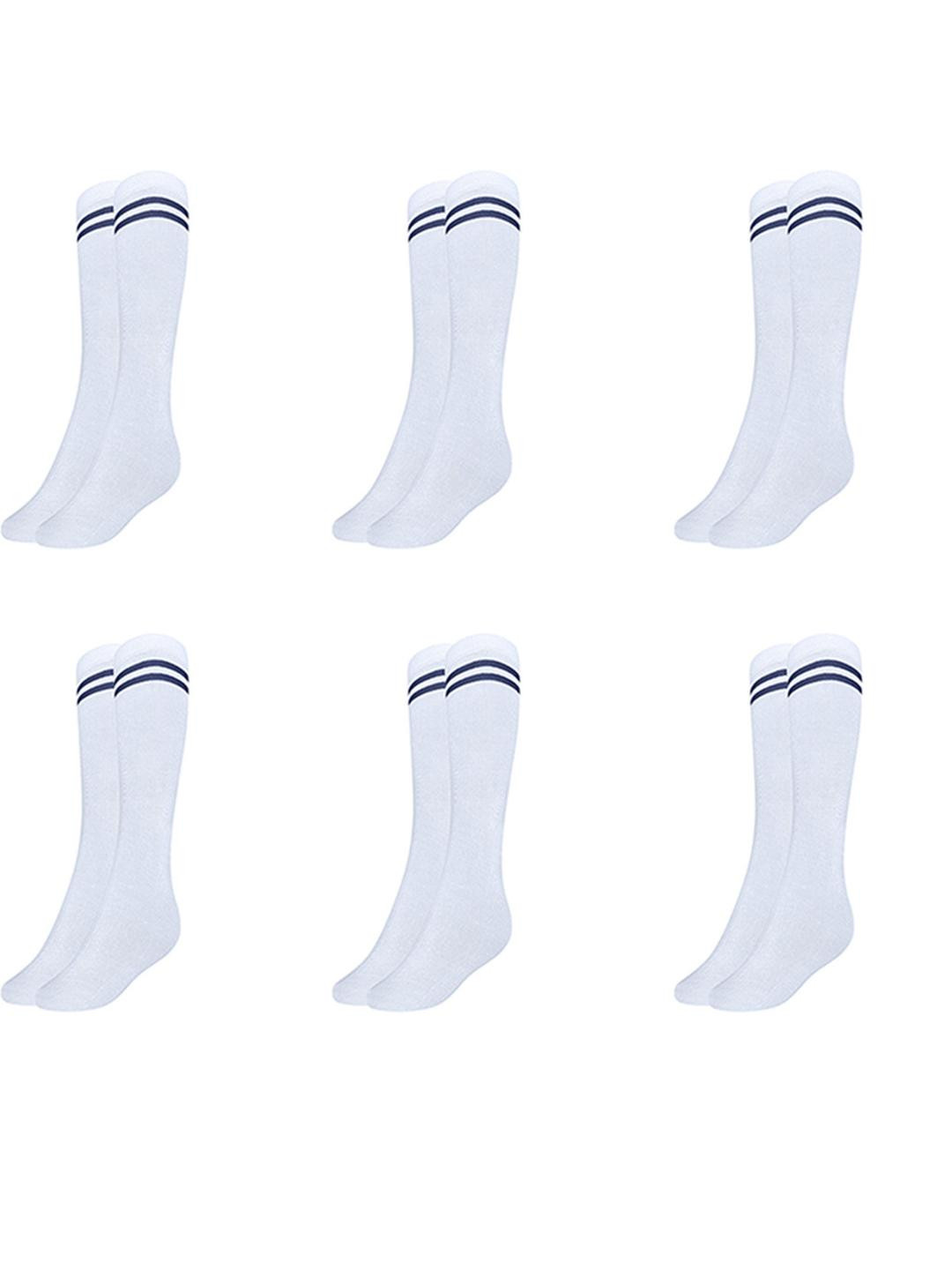MUKHAKSH Boys 6 Pairs White Calf Length Strip Socks