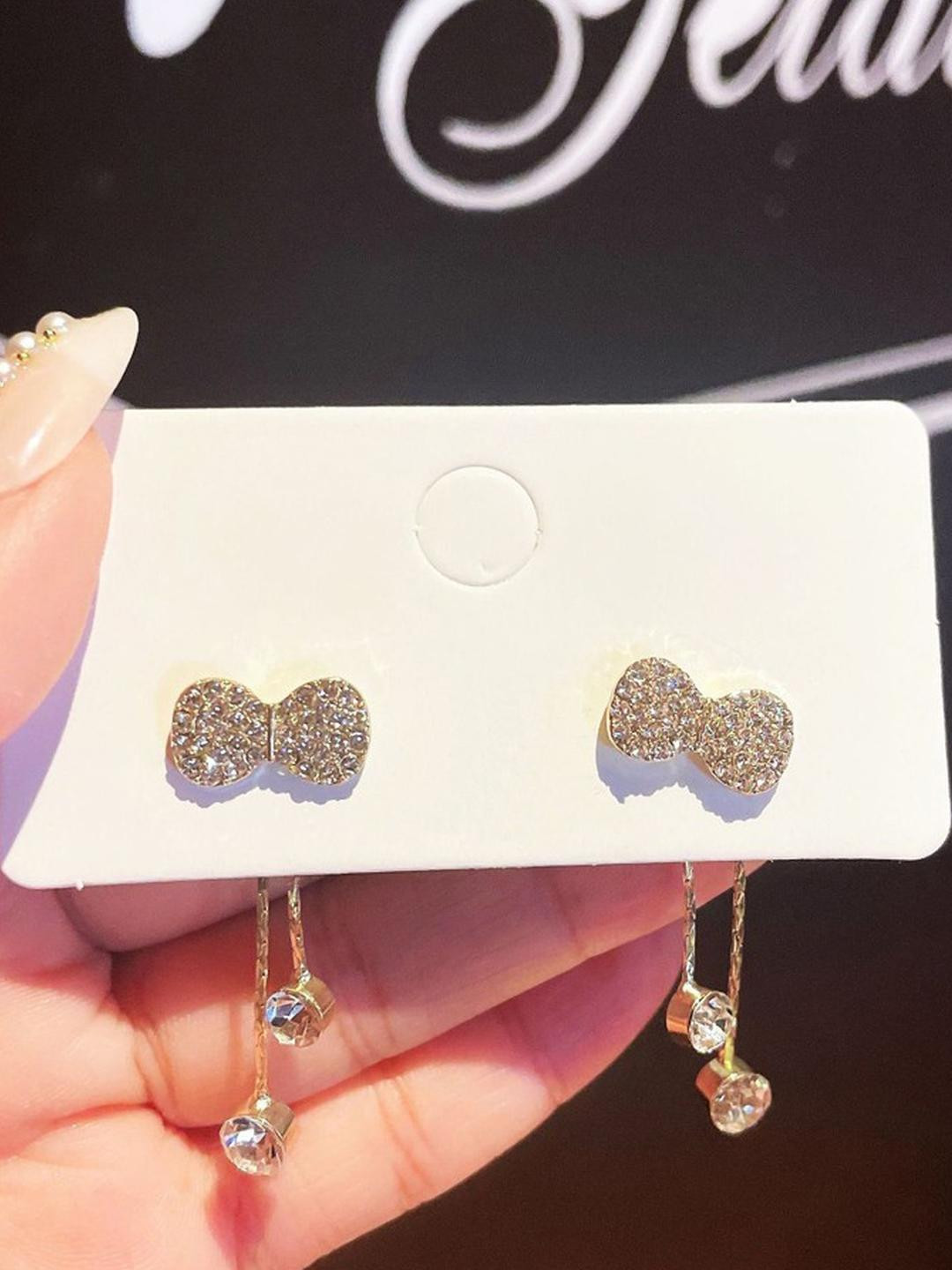 TheVineGirl Korean Studded Bow Tassel Drop Earrings For Women And Girls