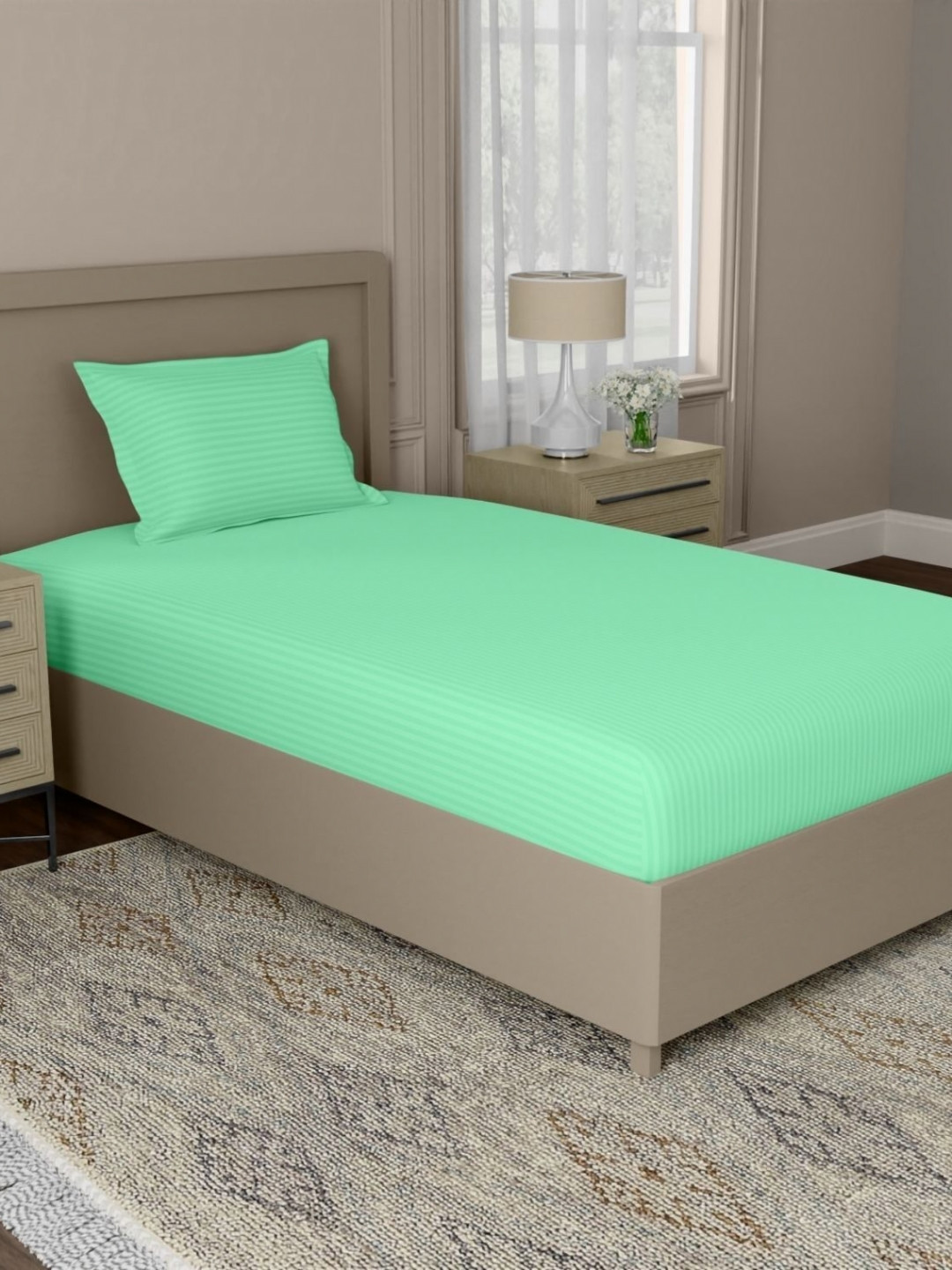 home expressions Green Striped Satin 210 TC Single Bedsheet  150 m X 229 m