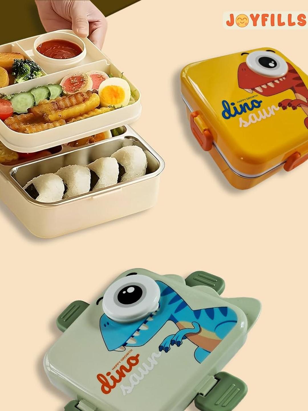 JOYFILLS Dino Printed 2 Layer Detachable Tray Leak Proof Lunch Box with Steel Spoon