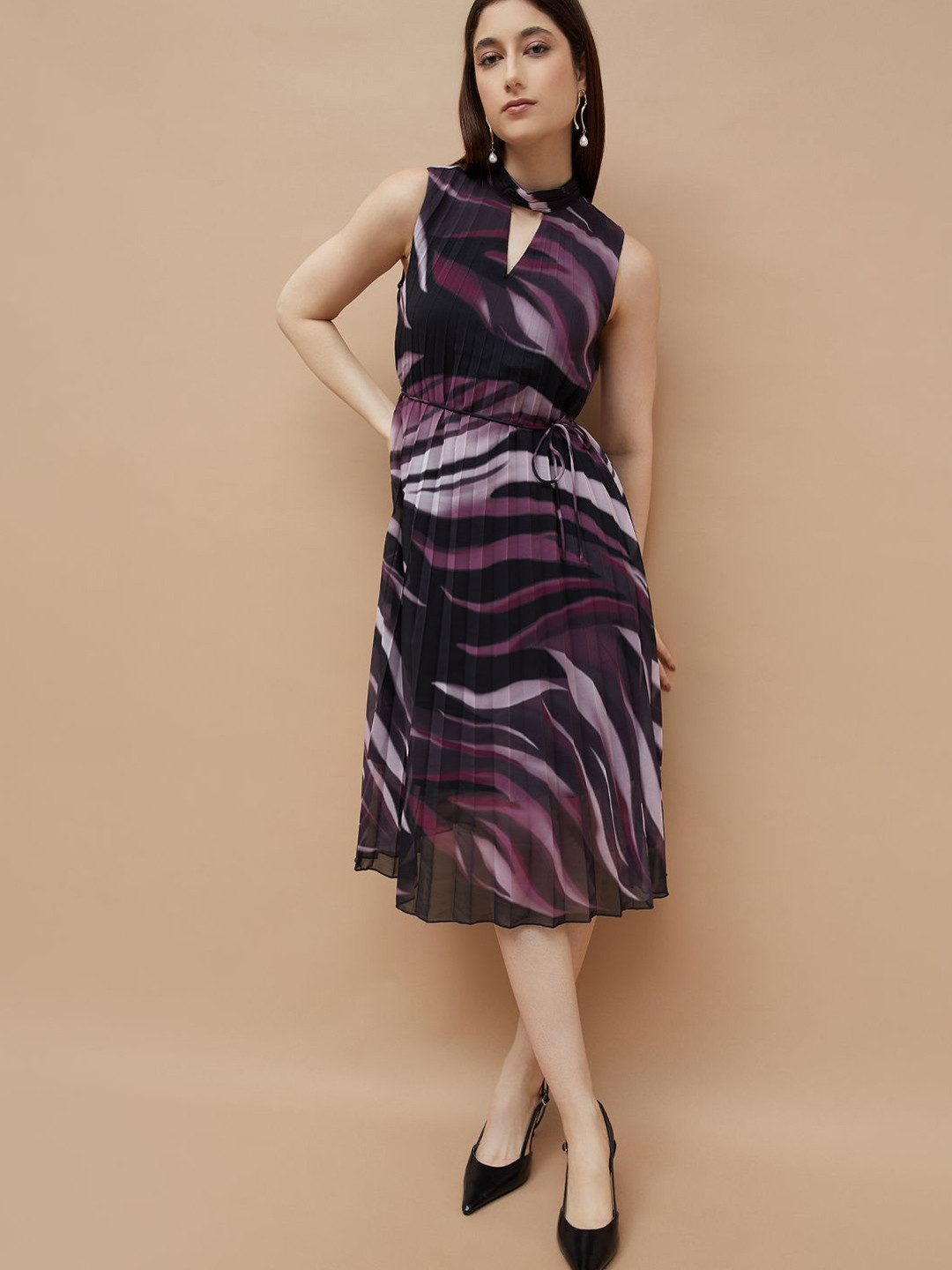 CODE by Lifestyle Women Accordion Pleats Cut-Outs Choker Neck Fit & Flare Dress