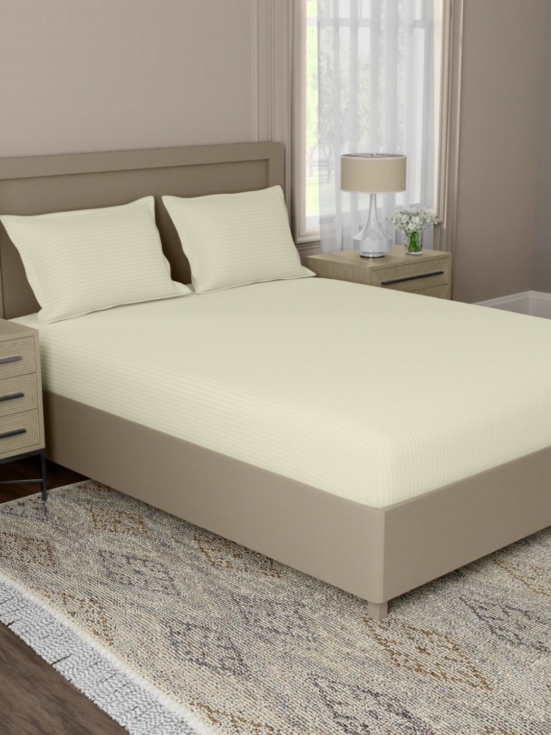 home expressions Symphony Beige Striped Cotton Super King Bedsheet Set 2.95 m X 3.05  m