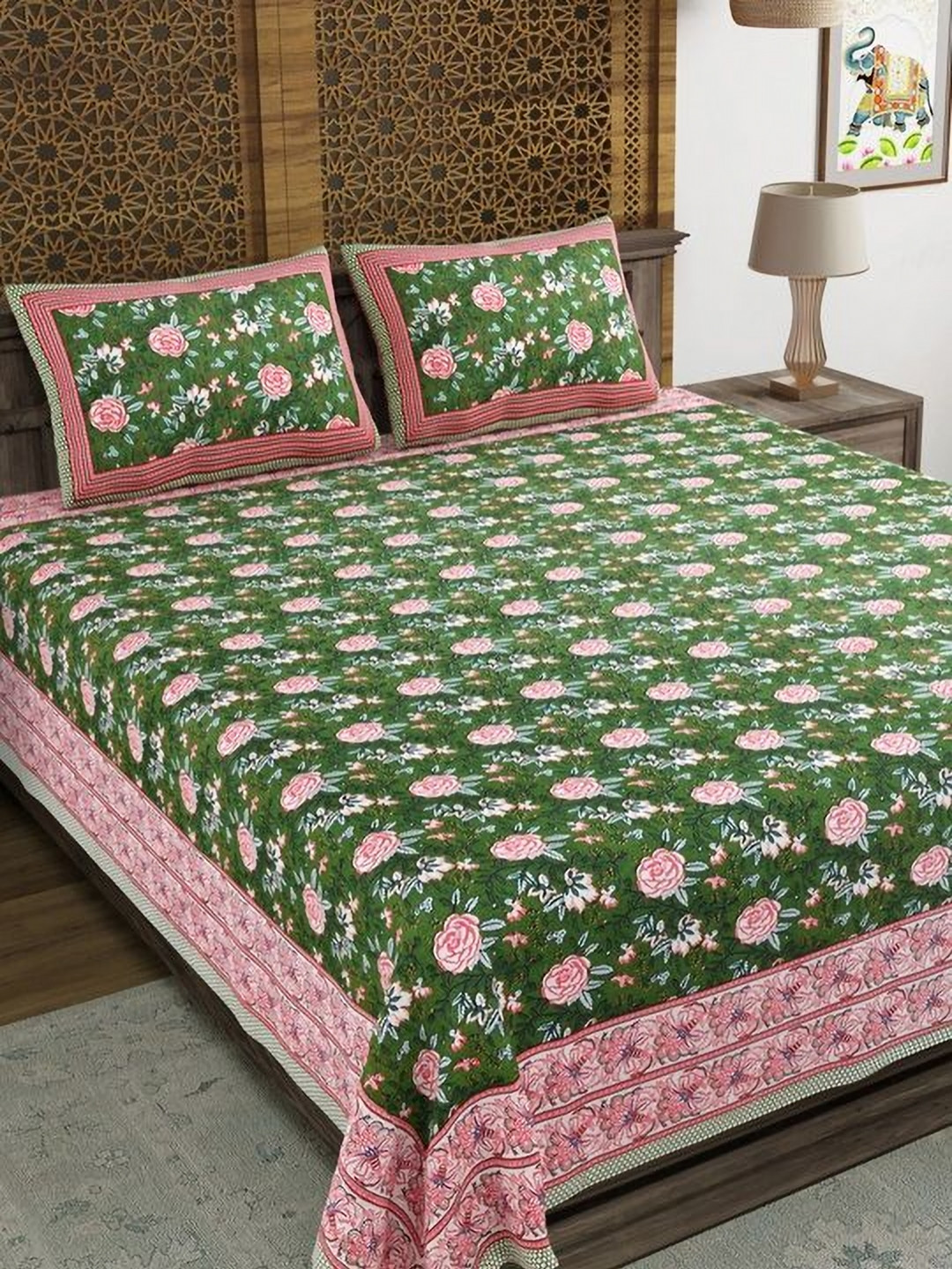 Sangria Printed 210 TC Super King Cotton Bedsheet With 2 Pillow Covers- 2.7 m x 2.7 m