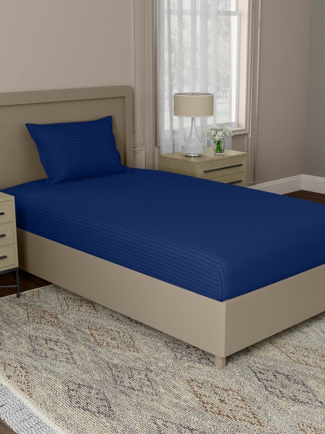 home expressions Blue Striped 210 TC Satin Single Bedsheet Set 1.5 m X 2.29 m