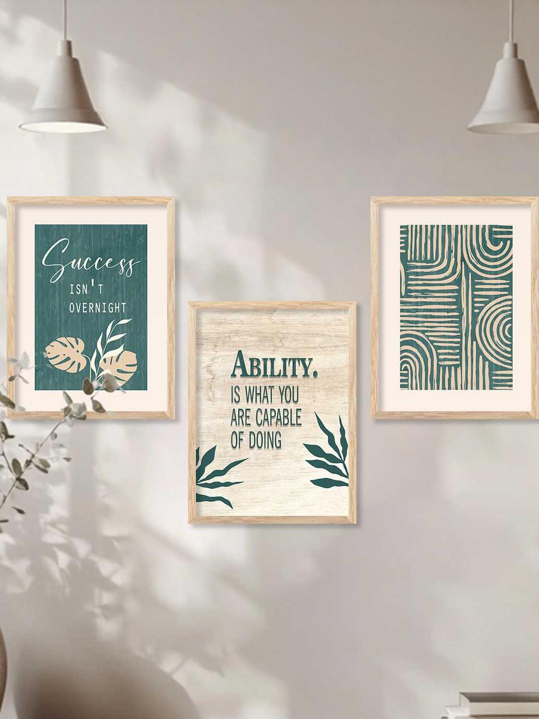 WALLLANE 3 Piece Beige & Green Abstract Wall Painting