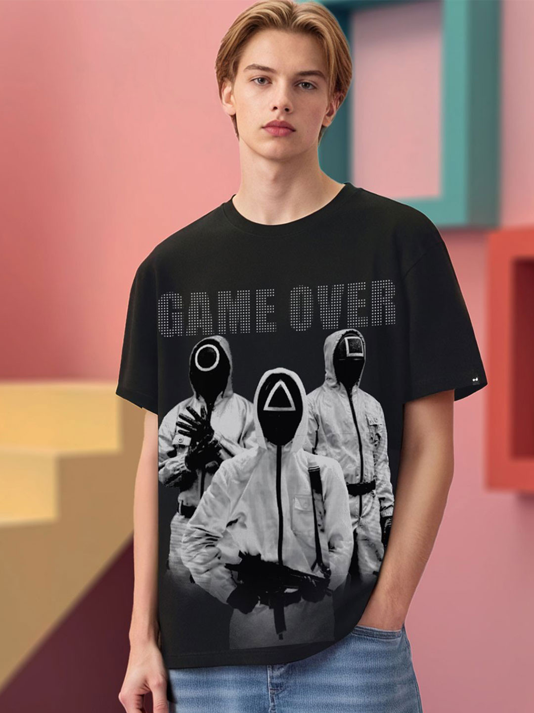 Bewakoof Men Squid Game Graphic Printed Round Neck Cotton Oversized T-shirt
