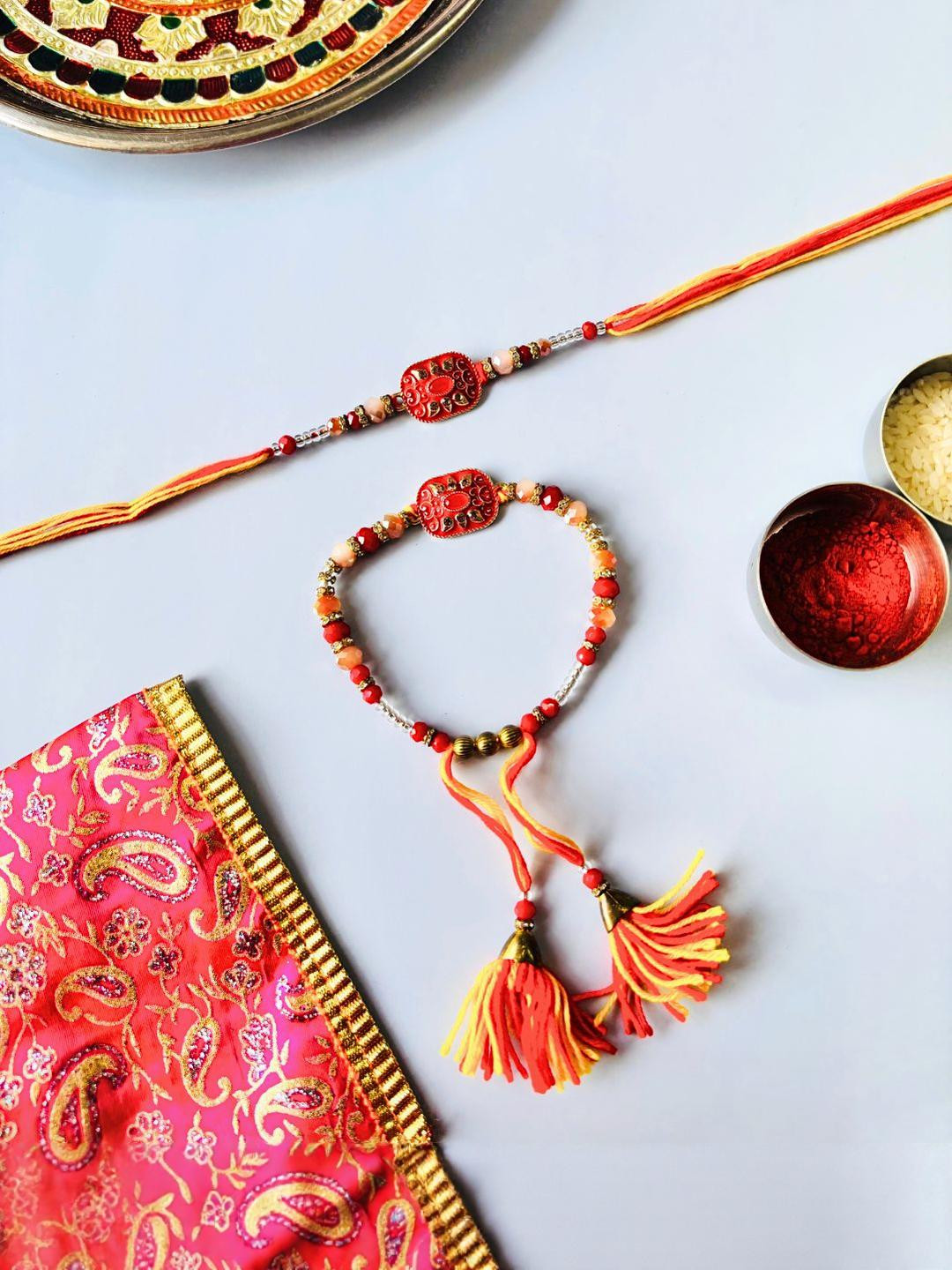 Red and Yellow Bracelet Rakhi Set for Bhaiya Bhabhi Traditional Handmade Set of 2 pcs Rakhi and Lumba for Brother and Sister in Law