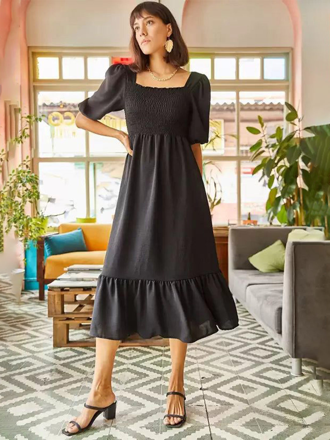 PTVIZE Women Square Neck Puff Sleeeves Fit & Flare Midi Dress