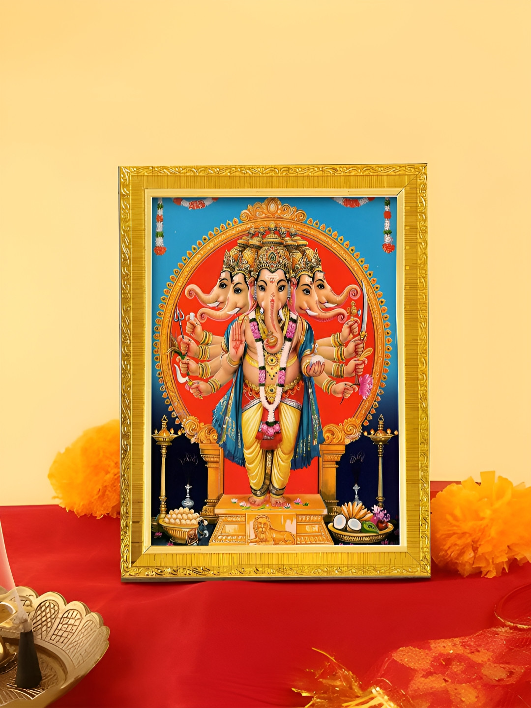 Art Street Gold Toned & Blue Panchmukhi Lord Ganesha Printed Photo Frame