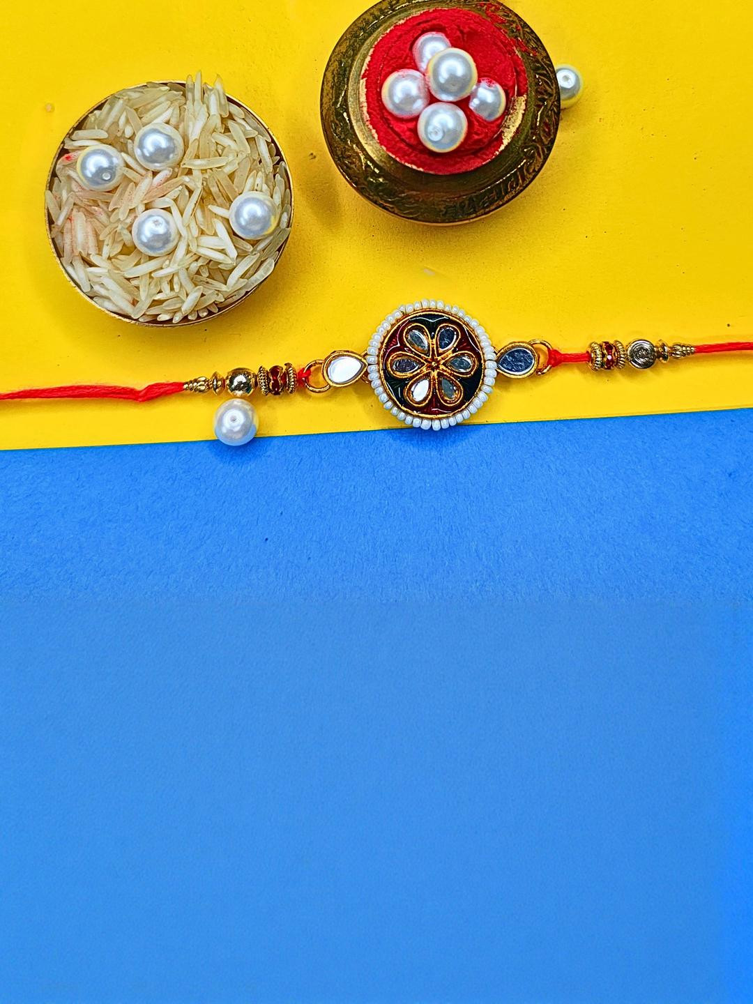 Anouk Beaded Cotton Thread with AD Stones & Meenakari Designer Rakhi for Brother