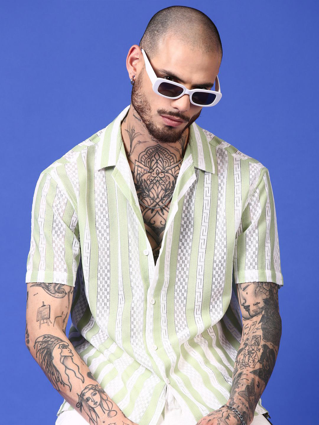 Voroxy Men Regular Fit Vertical Striped Cuban Collar Shirt
