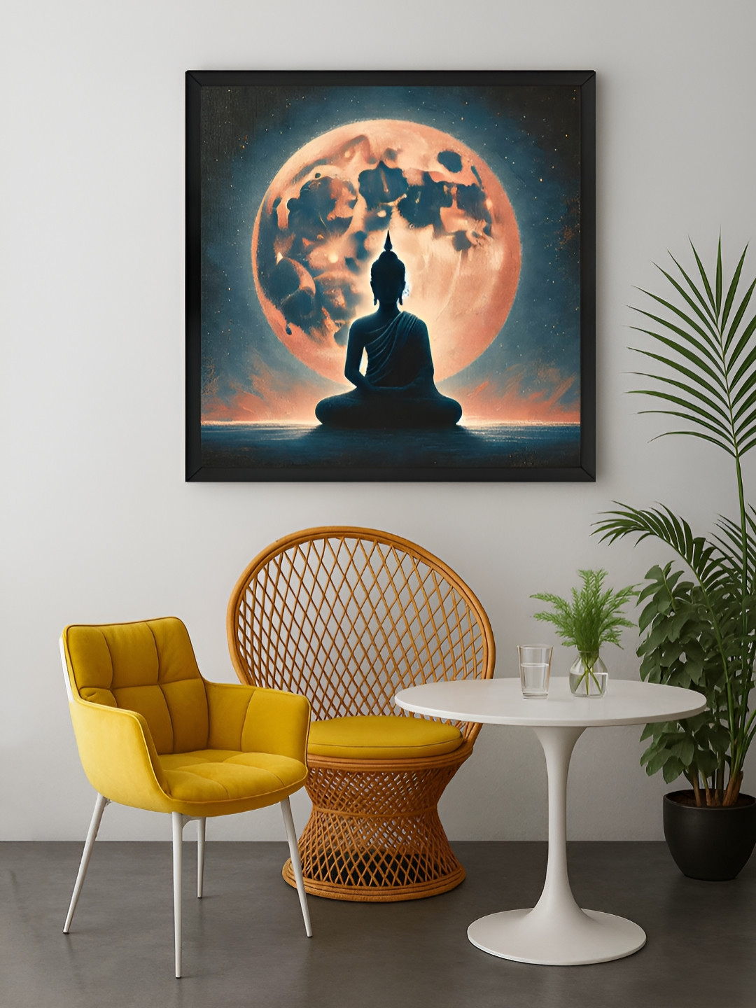 999Store Teal & Orange Colored Lord Buddha Moon Printed Canvas Wall Art