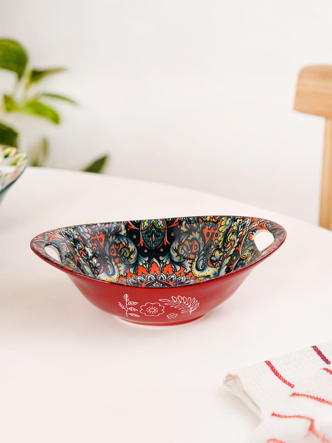 Nestasia Red & White Mystic Mandala Ceramic Long Dish Bowl-400ml