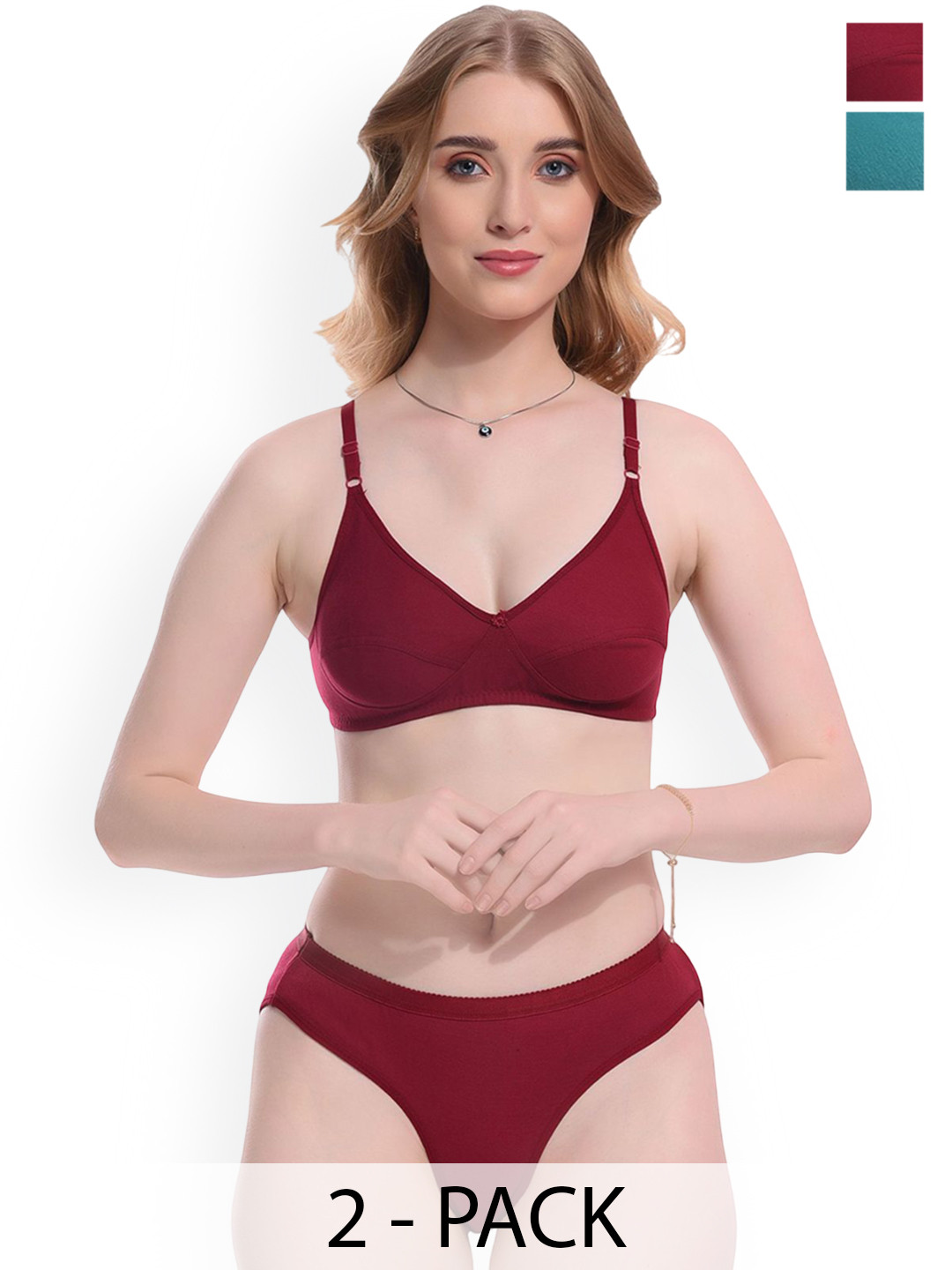 Samvar Pack Of 2 Cotton Non Padded Lingerie Sets Ruchi-Set_Mint,M