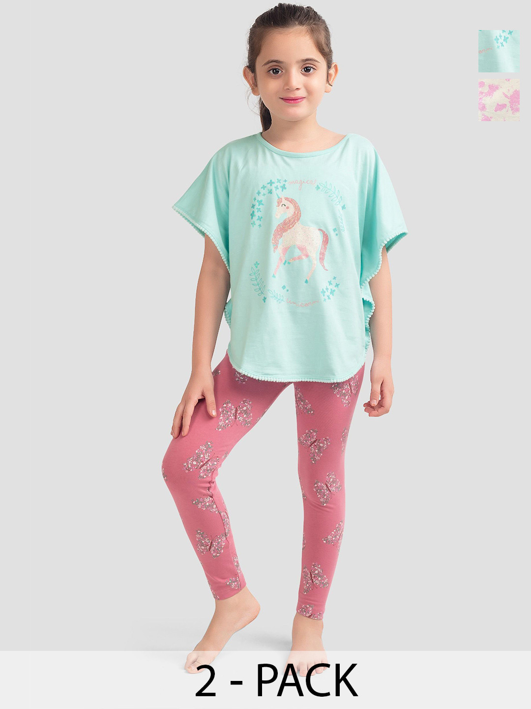 PLUM TREE Girls Pack Of 2 Printed Pure Cotton Poncho T-shirts With Leggings