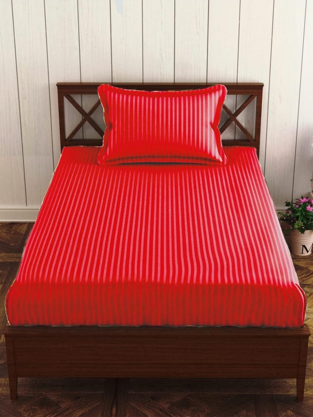 Trance Home Linen Red Striped Pure Cotton 200 TC Single Bedsheet Set-2.54 m x 1.52 m