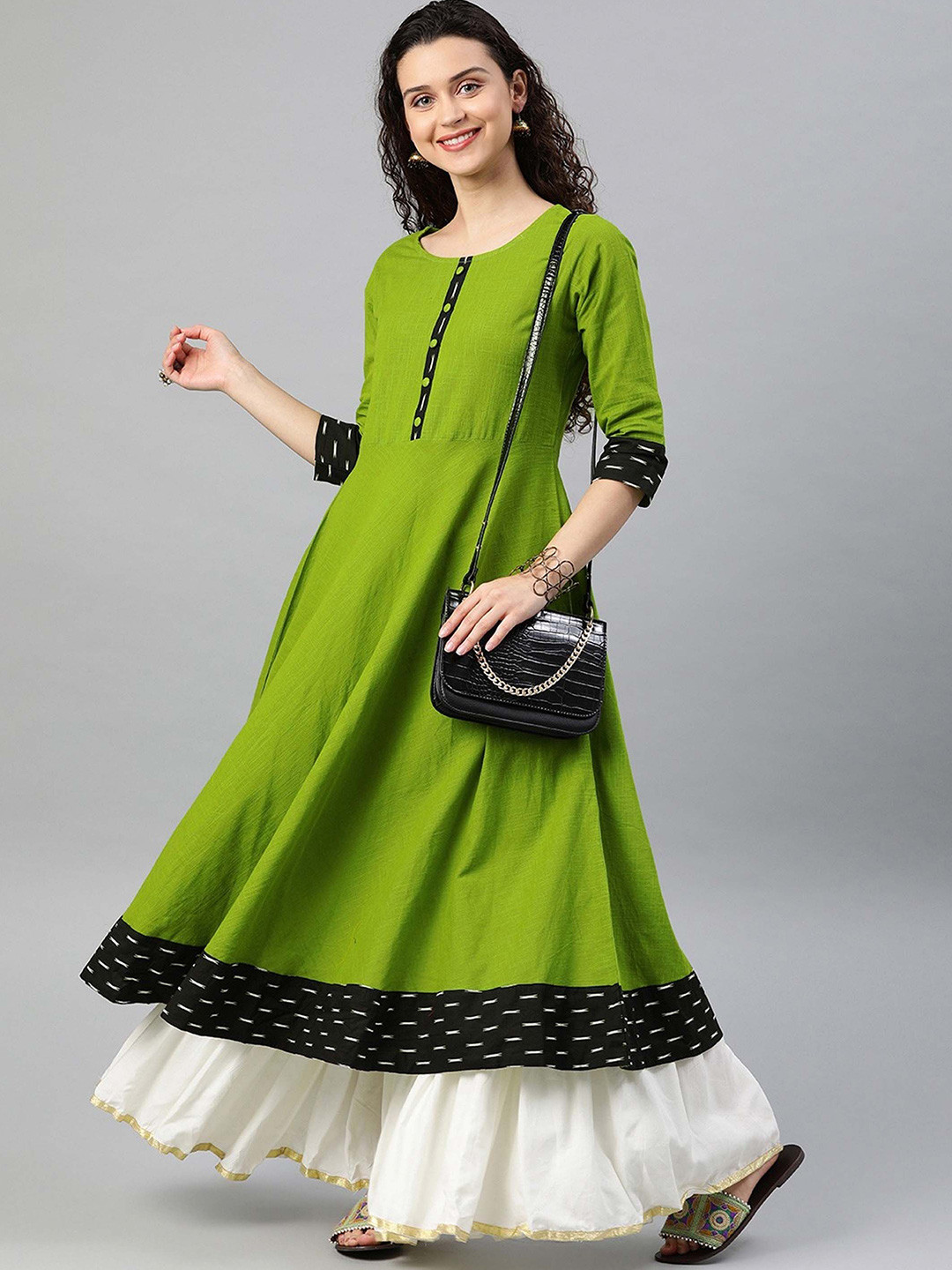 KALINI Abstract Printed Thread Work Round Neck Cotton Anarkali Kurta