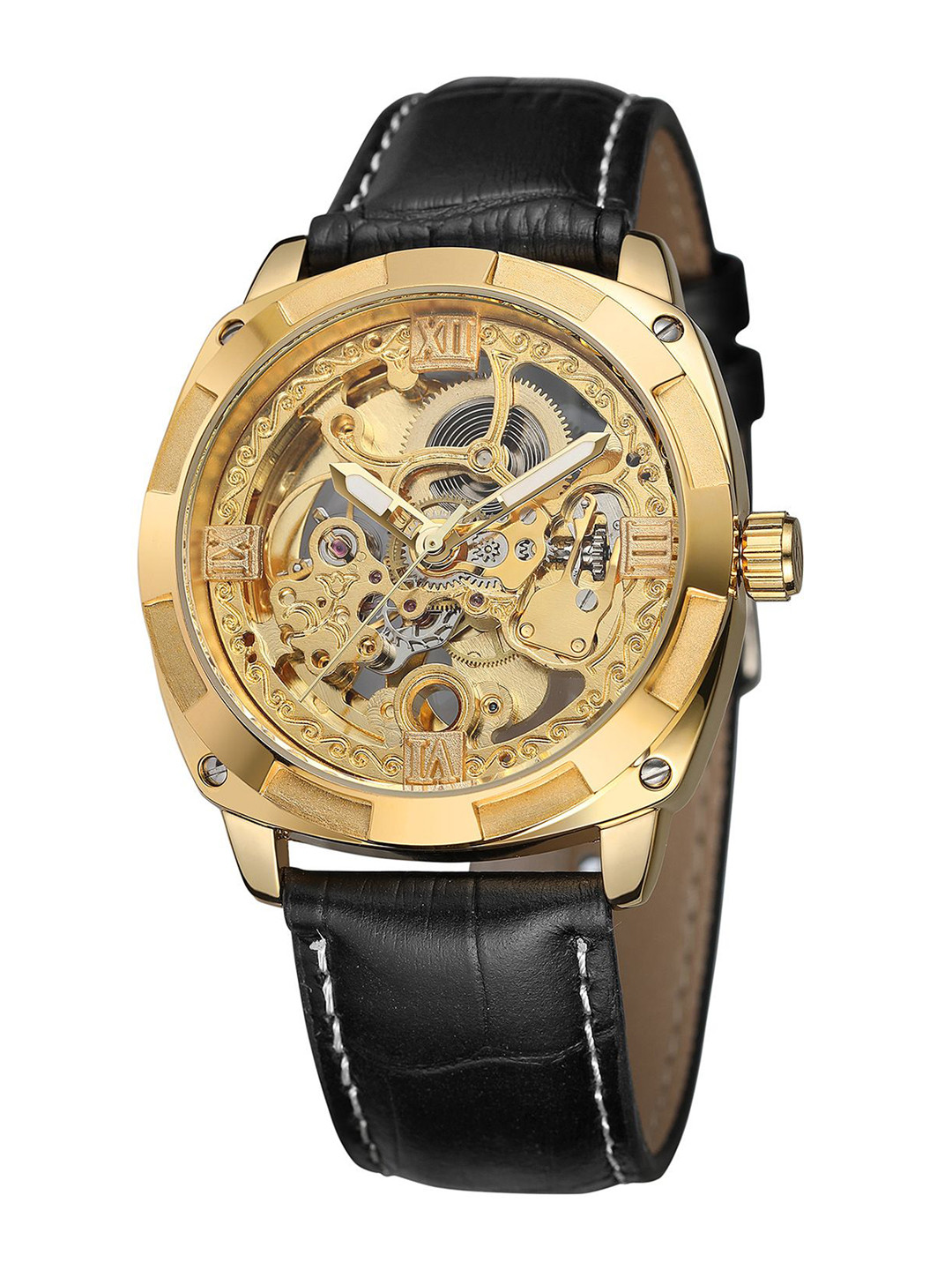 FORSINING Men Round Dial Semi-Automatic Skeleton Watch with Leather Strap