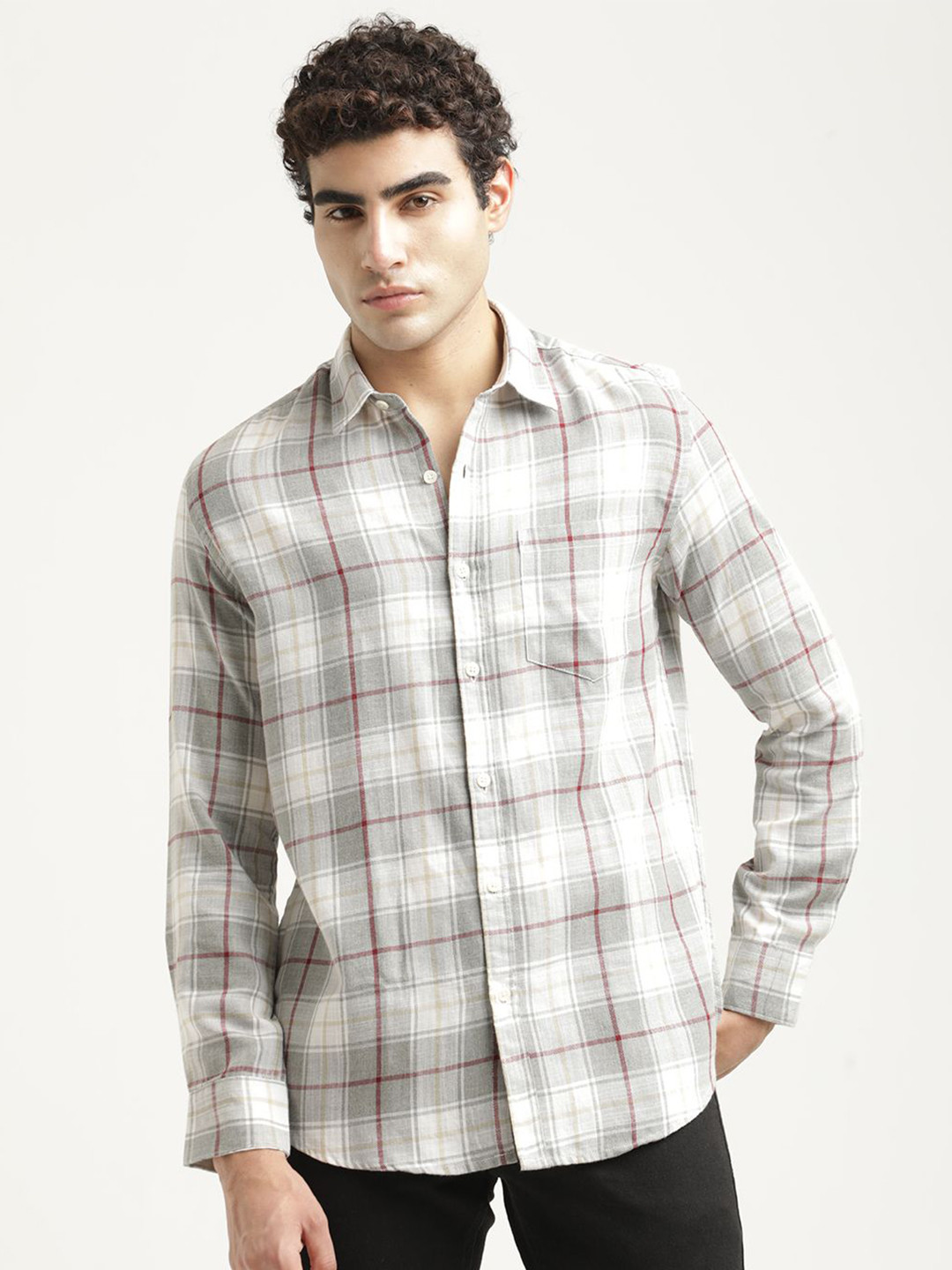 Blu MNKY Slim Fit Long Sleeves Checked Grey Casual Cotton Linen Shirt for Men