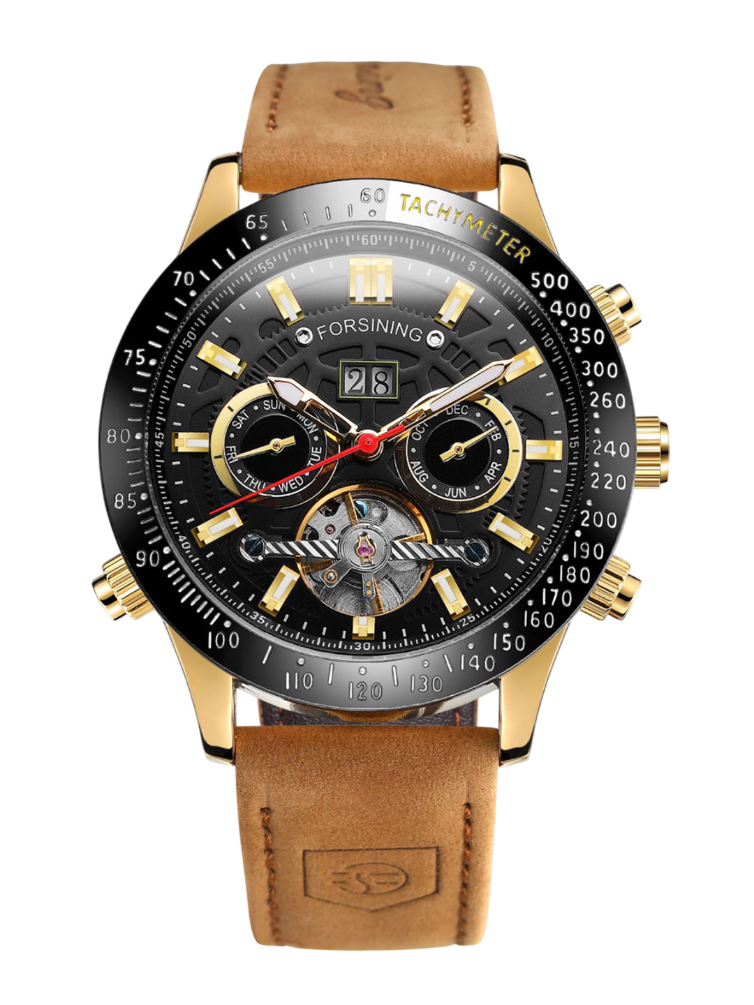 FORSINING Men Automatic Waterproof Watch Round Dial with Leather Strap
