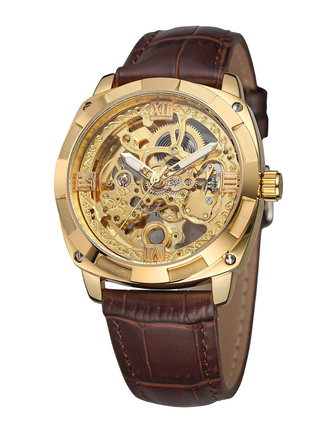 FORSINING Men Round Dial Semi-Automatic Skeleton Watch with Leather Strap