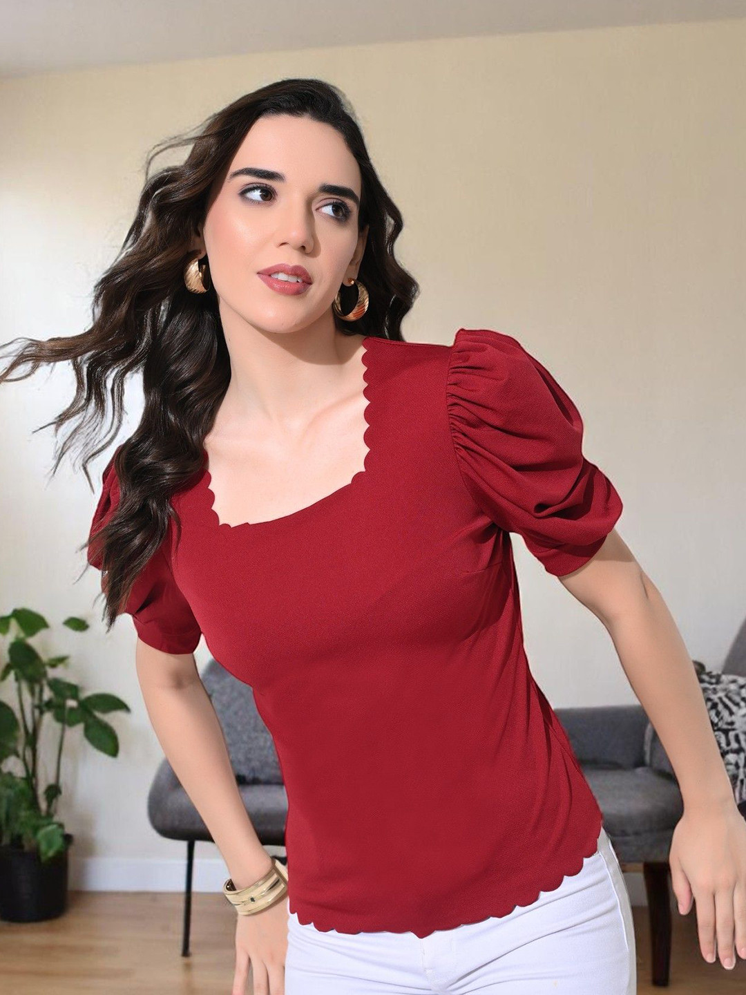 BAESD Women Puff Sleeve Laser Cut Fitted Top