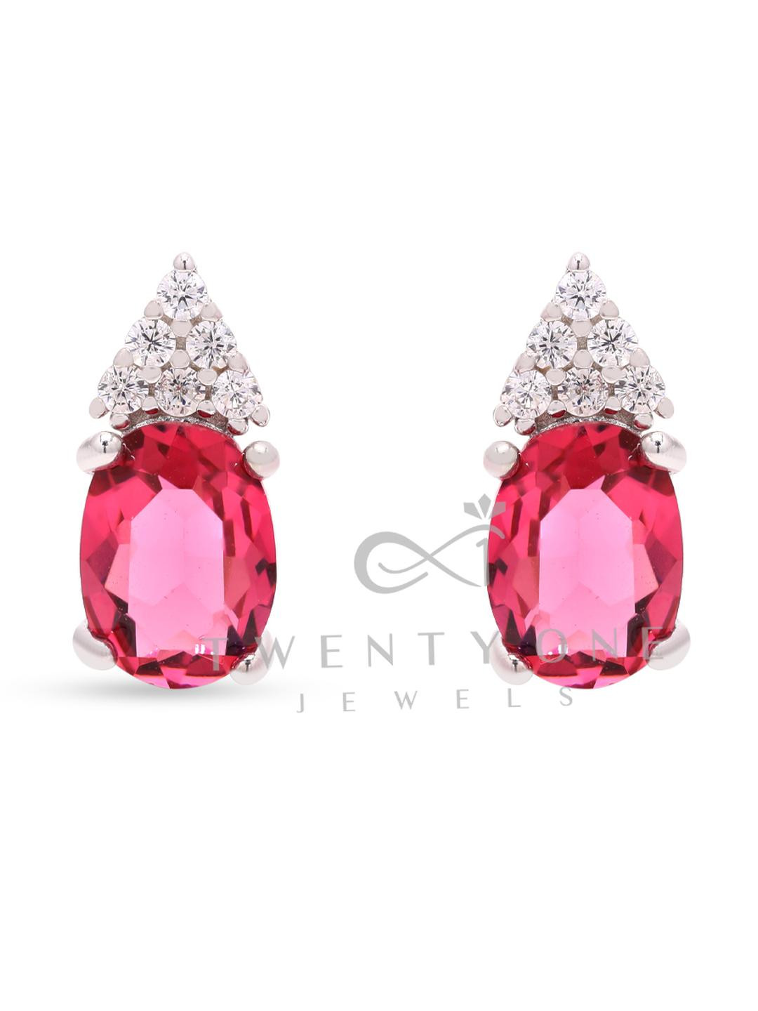 Oval Ruby Darvy Studs with American Diamonds on Pure 925 Silver