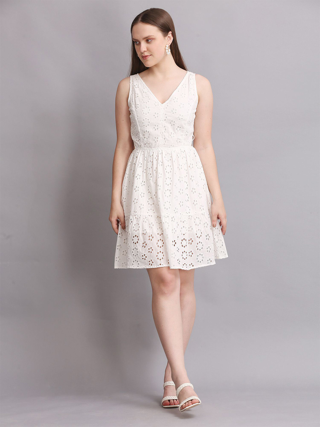 SWISHIN Women Self Design Embroidered Sleeveless Cotton A-Line Dress