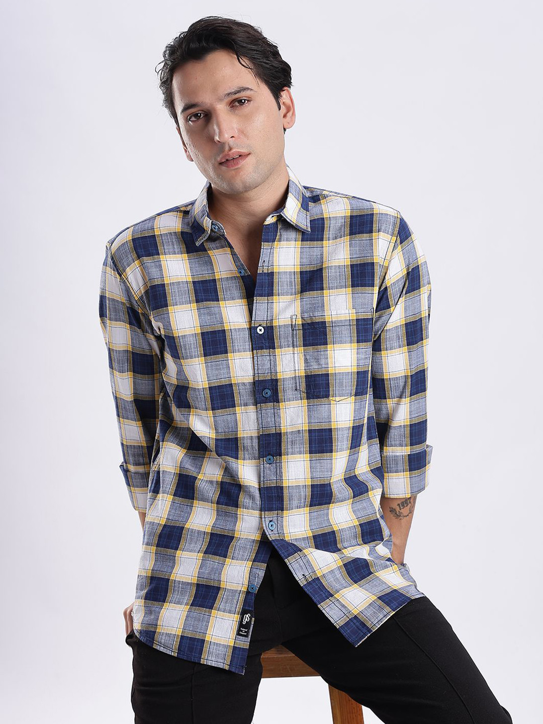 Guns & Sons Modern Cotton Linen Checked Spread Collar Casual Shirt
