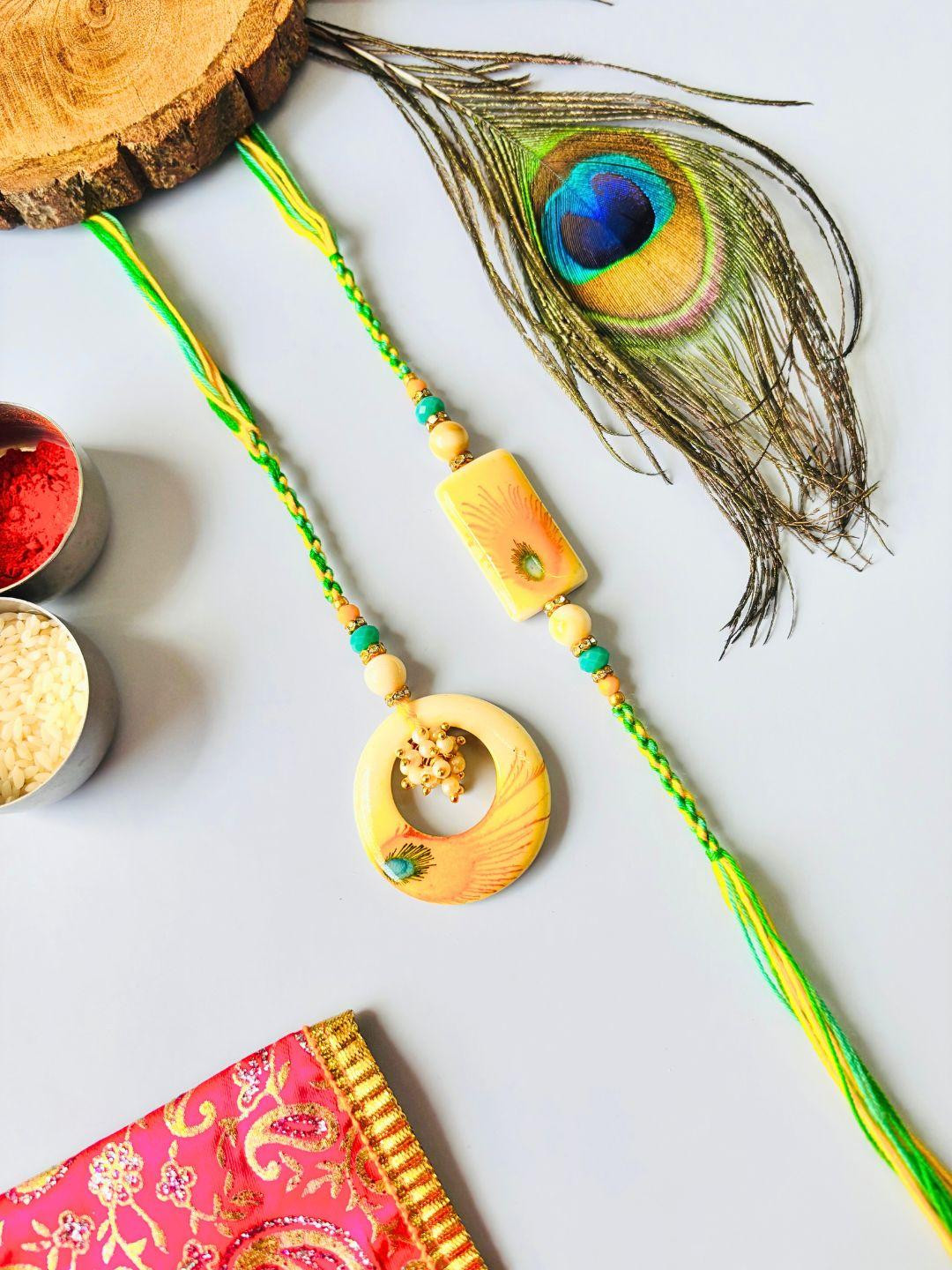 Yellow Peacock Accent Resin Lumba Rakhi Set for Bhaiya Bhabhi Traditional Handmade Set of 2 pcs Rakhi and Lumba for Brother and Sister in Law
