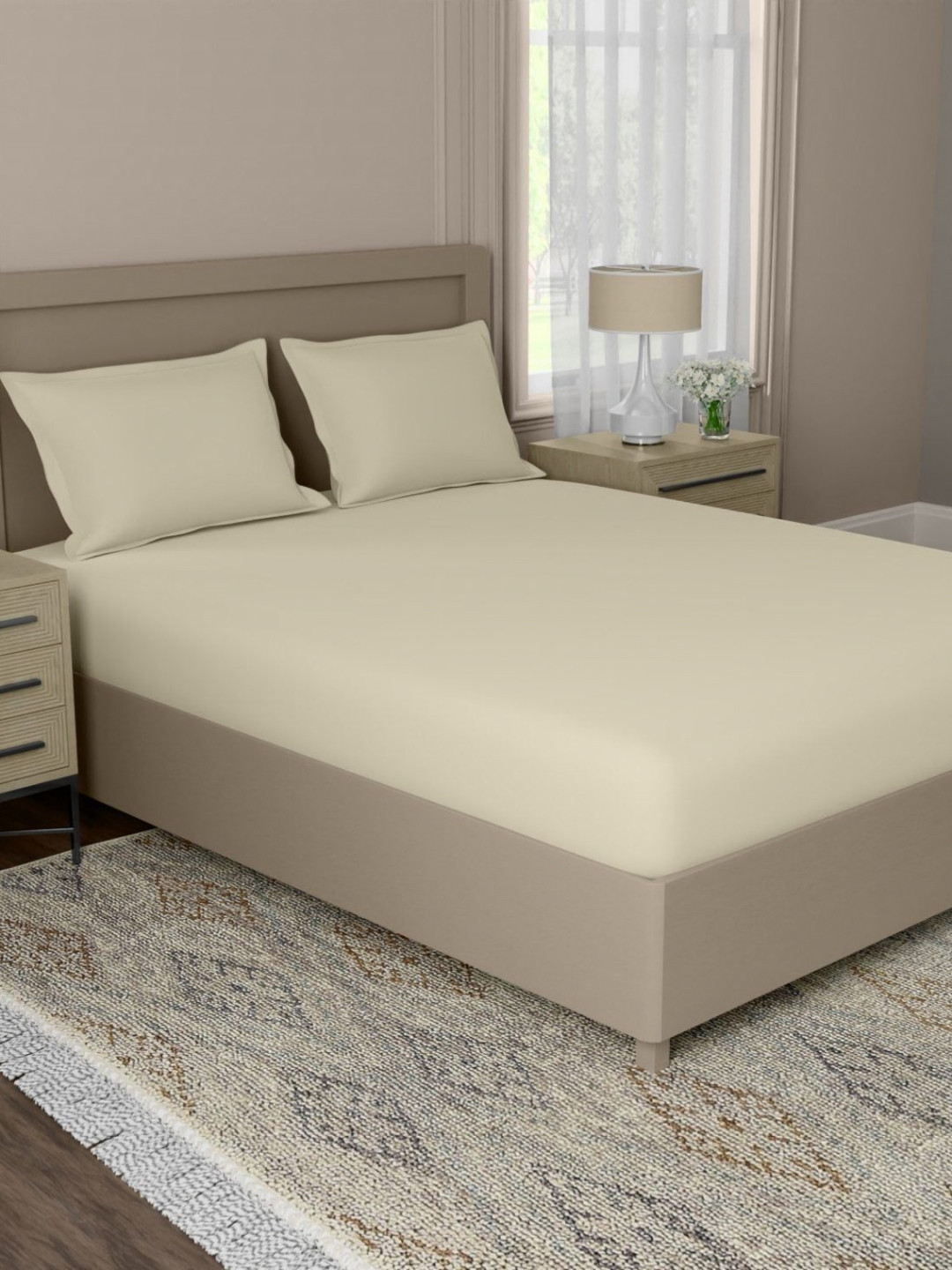 home expressions Harmony Beige Solid Cotton Super King Bedsheet Set 2.95 m X 3.05  m