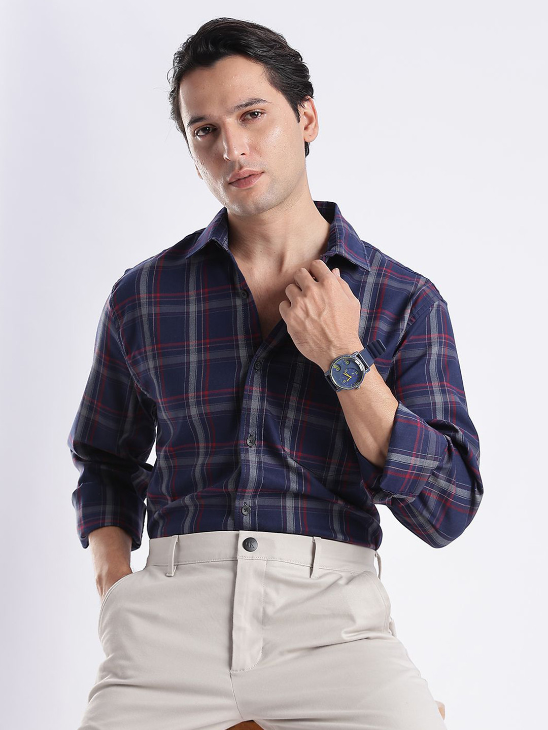 Guns & Sons Men Modern Fit Tartan Checked Spread Collar Cotton Casual Shirt
