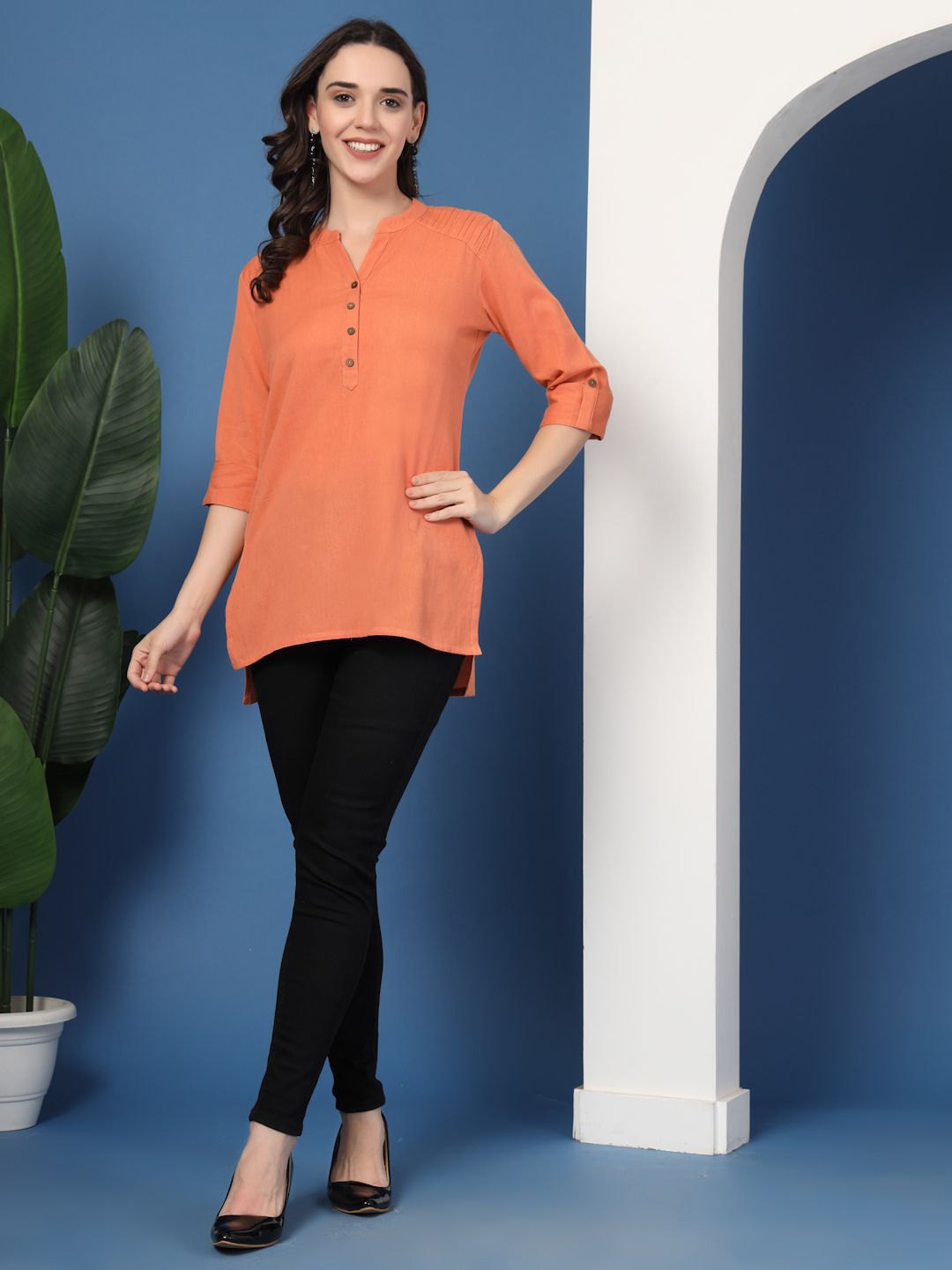 Pistaa Roll-Up Sleeves Pure Cotton Kurti