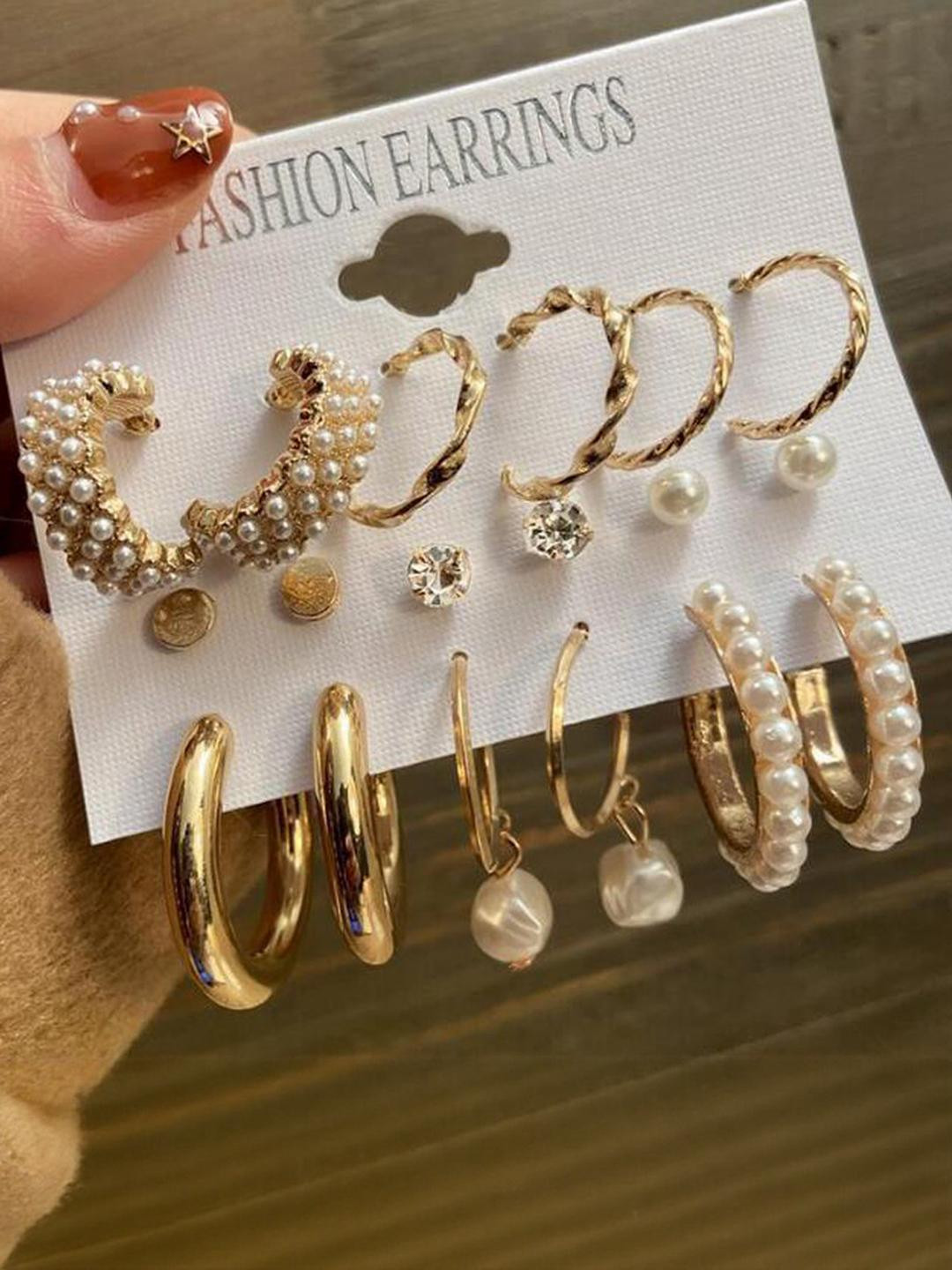 TheVineGirl 9-Pair Combo Gold-Plated Stone Studs And Pears Hoop Earrings