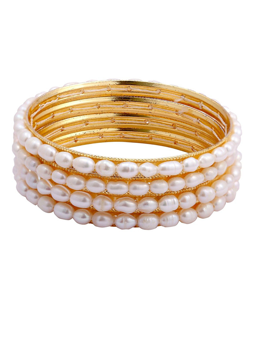 D.D Pearls Set Of 4 Gold Plated Pearls Beaded Round Bangles