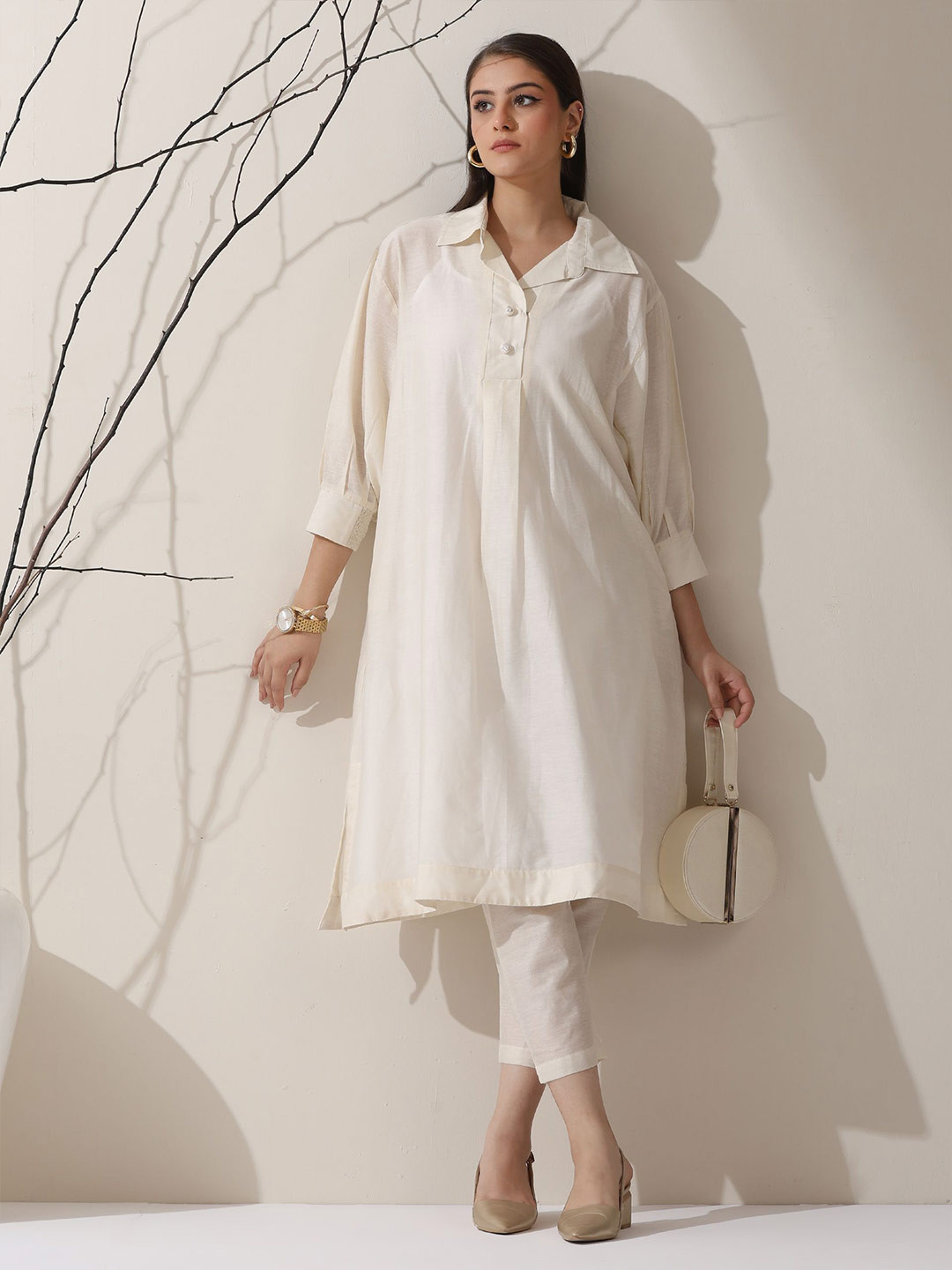 Swtantra Puffed Sleeves Shirt Collar Pure Cotton Fusion Kurta With Palazzo & Camisole