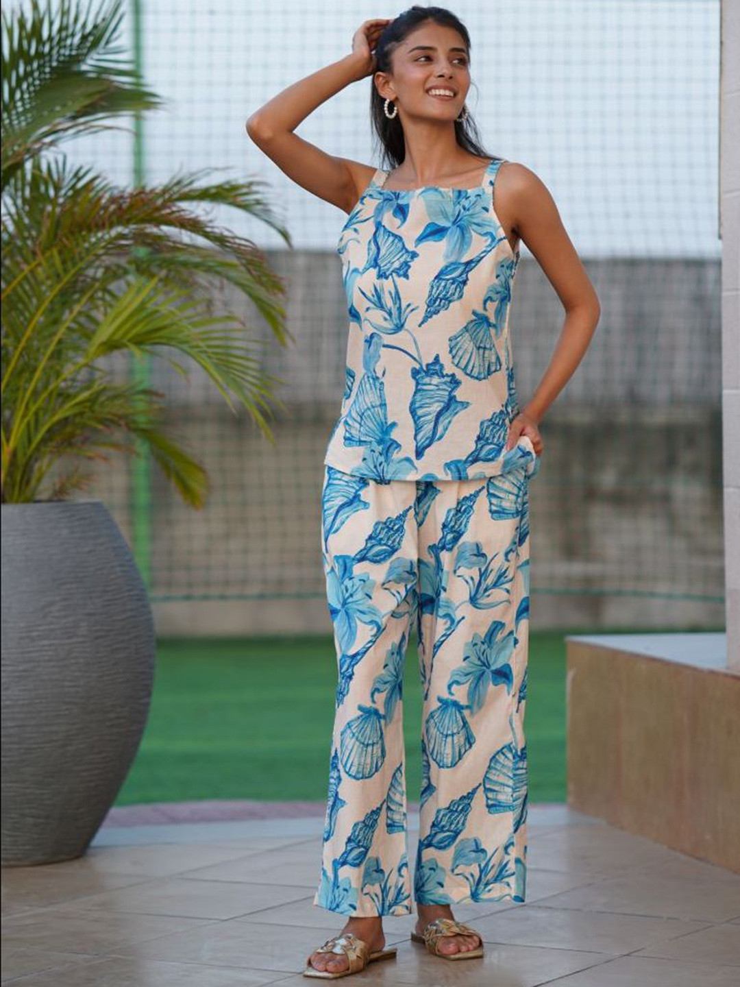 The Quince Life Printed Shell Spell Strappy Pure Cotton Top With Trouser