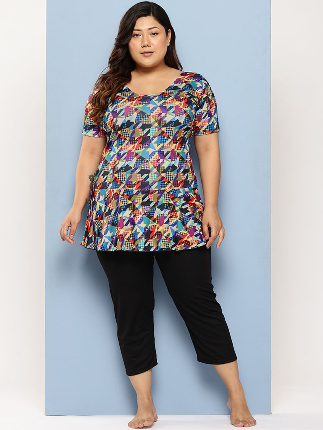 BAESD Abstract Printed Plus Size Swim Suit With Swimming Cap