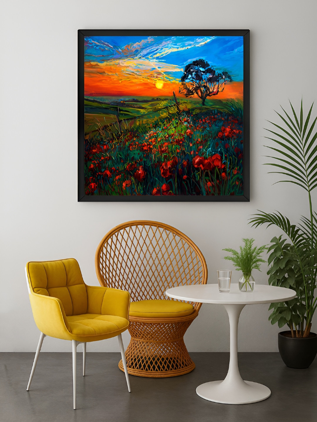 999Store Green & Orange Colored Sunset Field Printed Canvas Wall Art