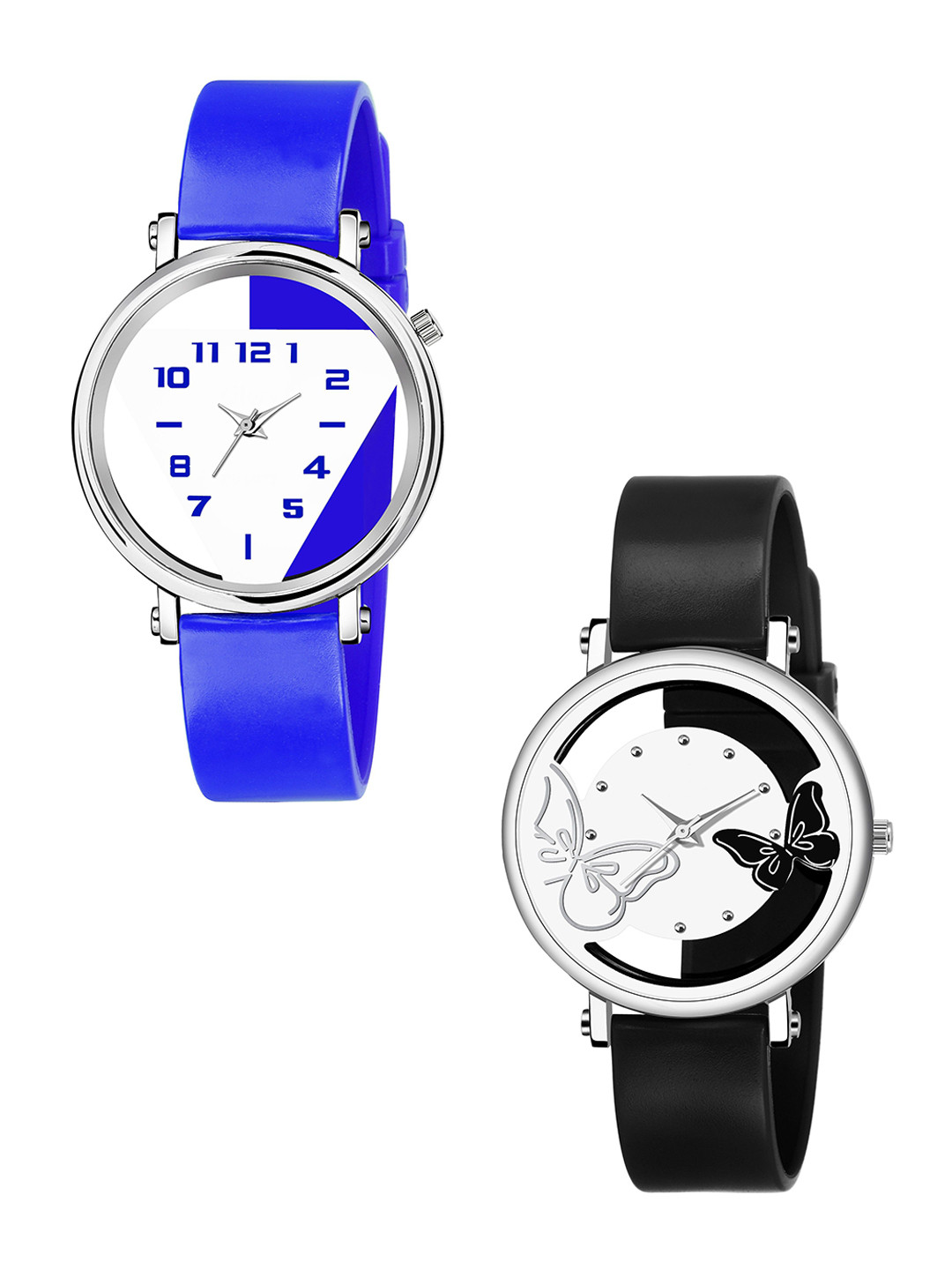 CSAMON Women Pack of 2 Round Dial & Silicon Straps Watch 601 Black 602 Blue