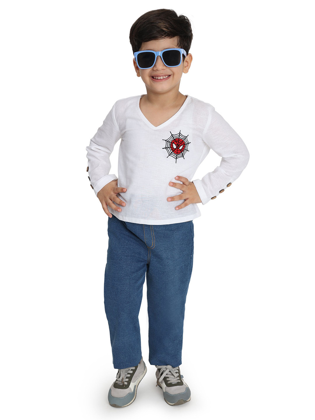 SPIN N TALES Boys Spiderman Printed V-Neck Pure Cotton T-shirt With Trousers