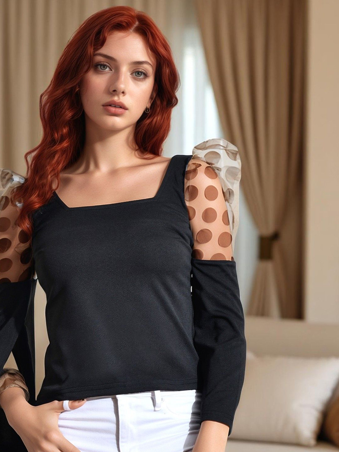 IUGA Women Square Neck Polka Dots Bell Sleeve Top