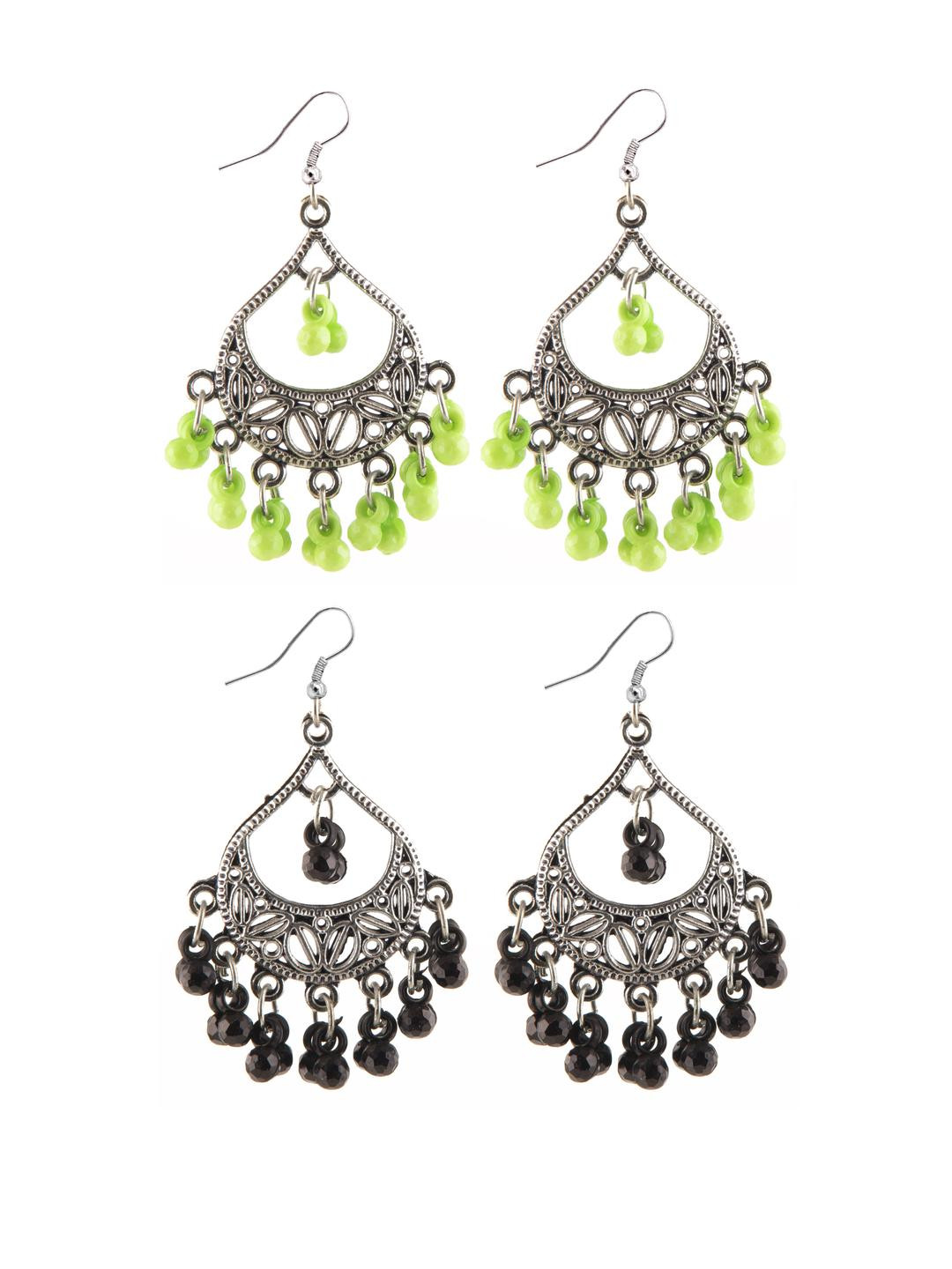 Creative Frogs Silver Oxidize Green & Black Drop Earrings